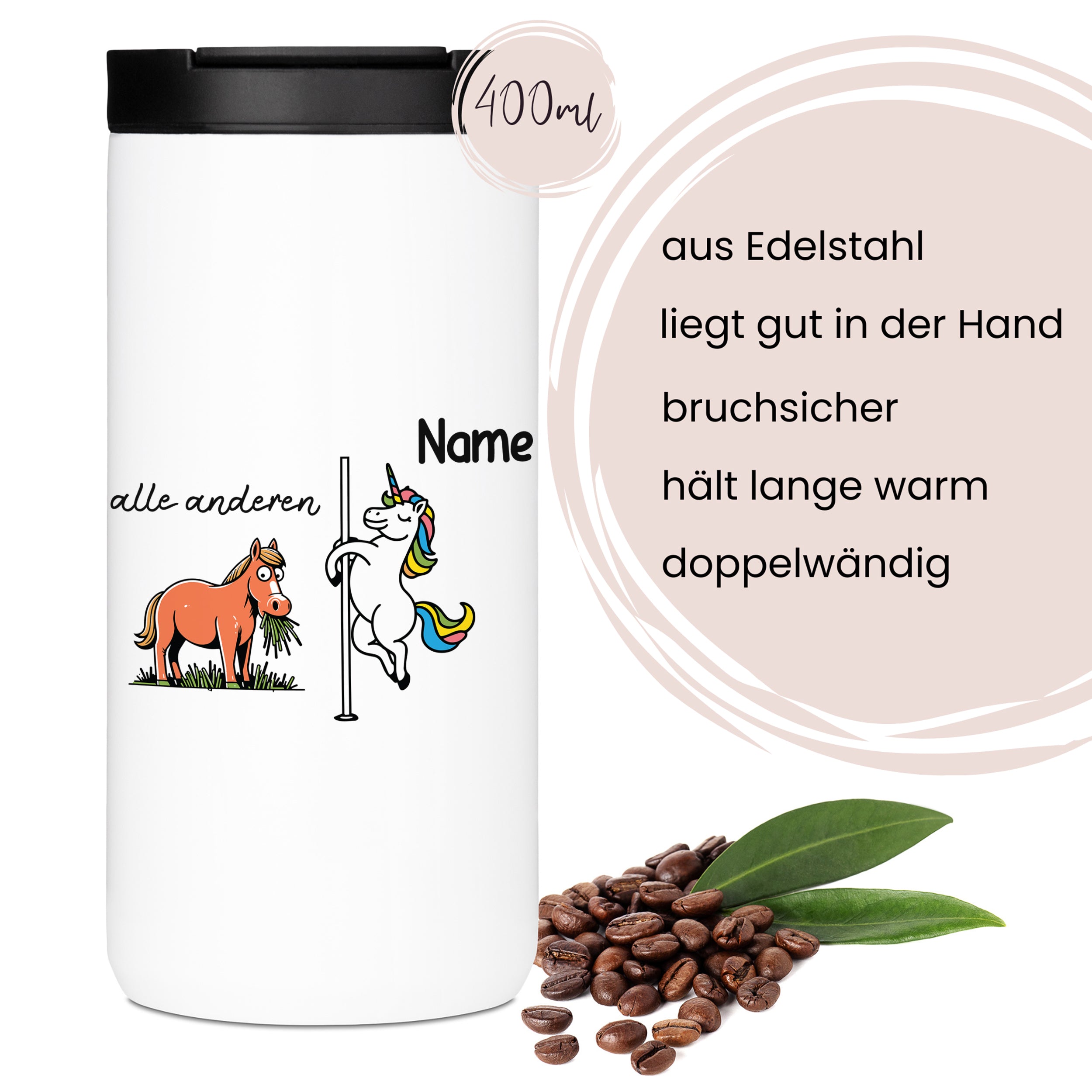 Edelstahlbecher mit Einhorn- und Pferdemotiv, 400 ml.
