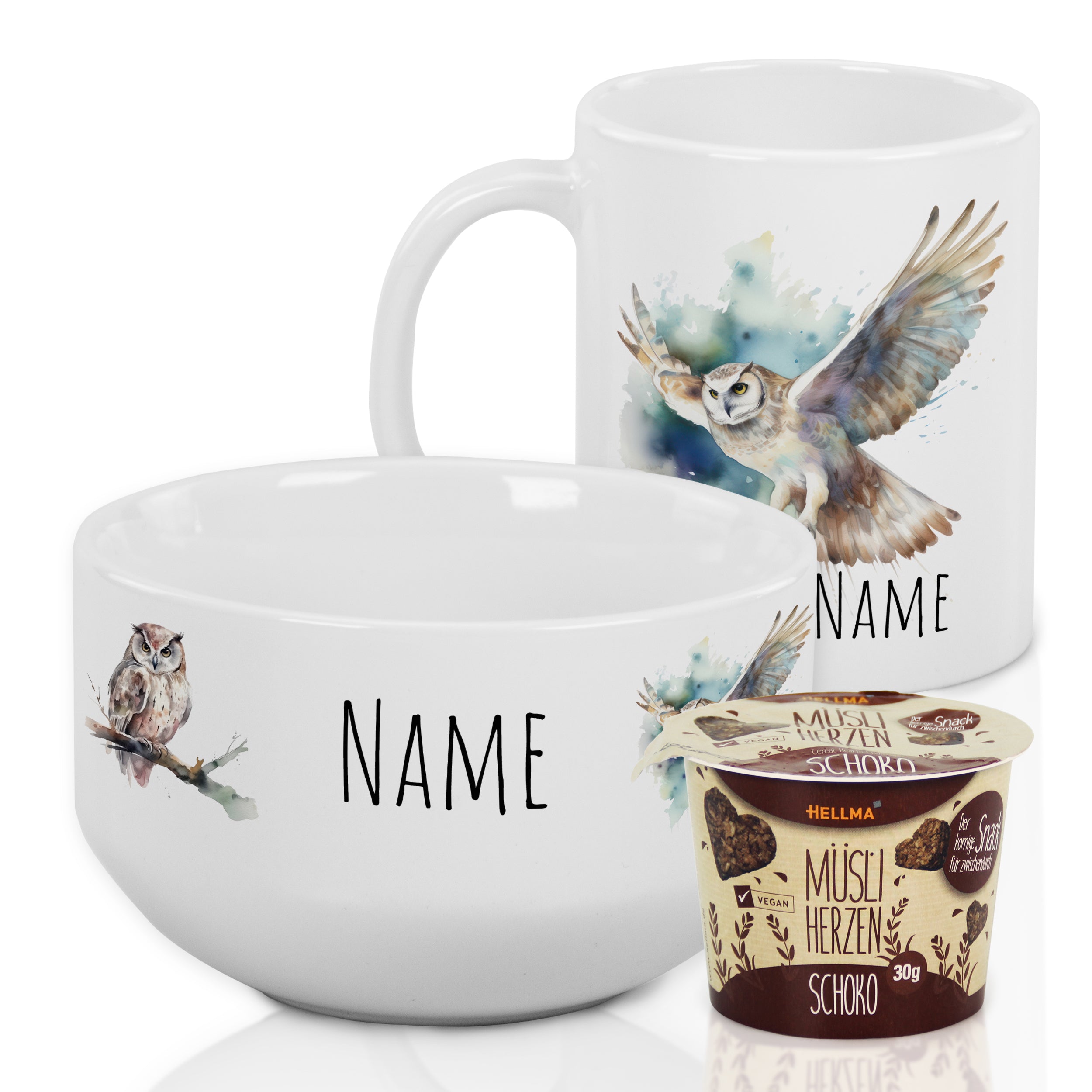 Weiße Schüssel und Tasse mit Eulenmotiven, personalisierbar.