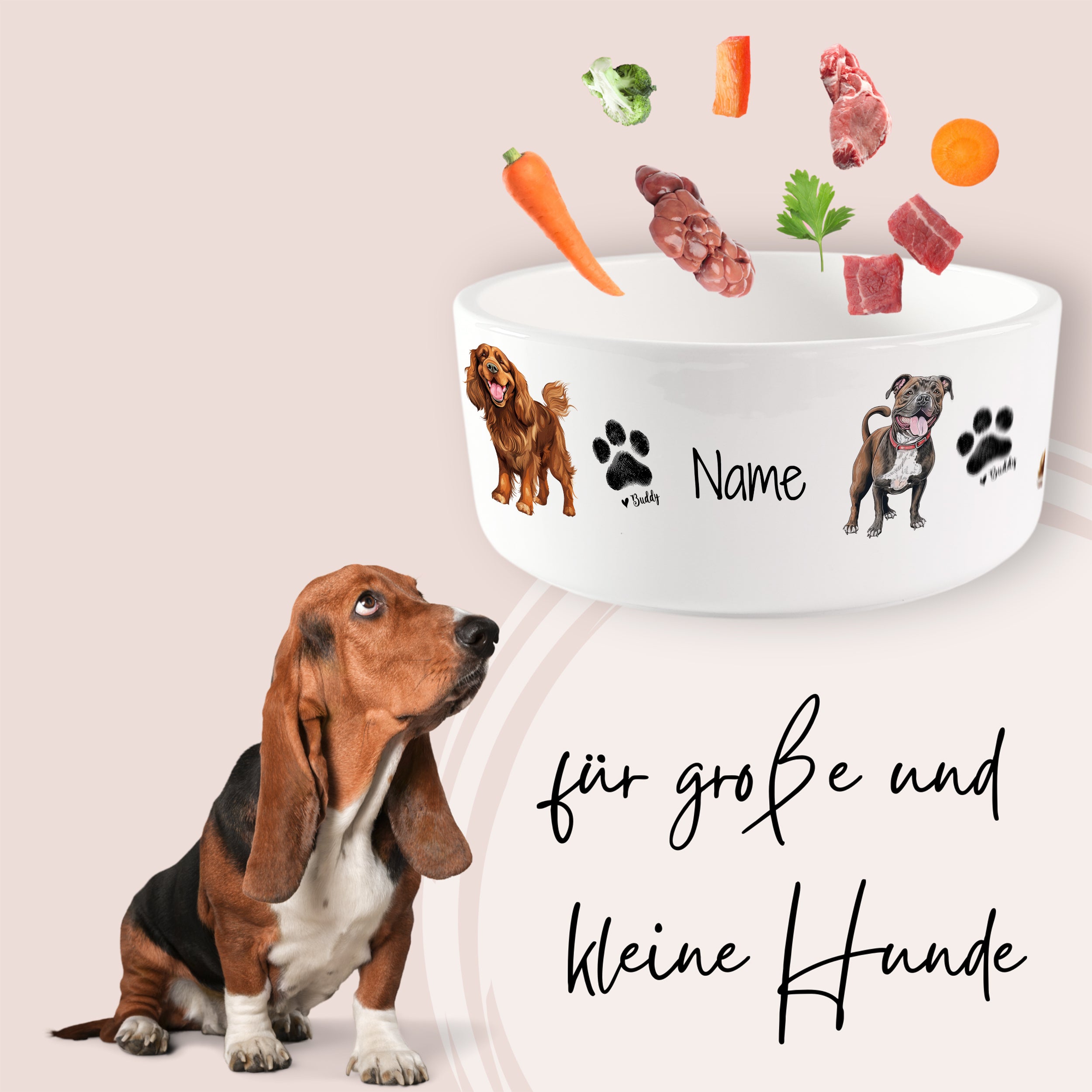 Hunde-Napf in Weiß mit Tiermotiven und frischem Futter.