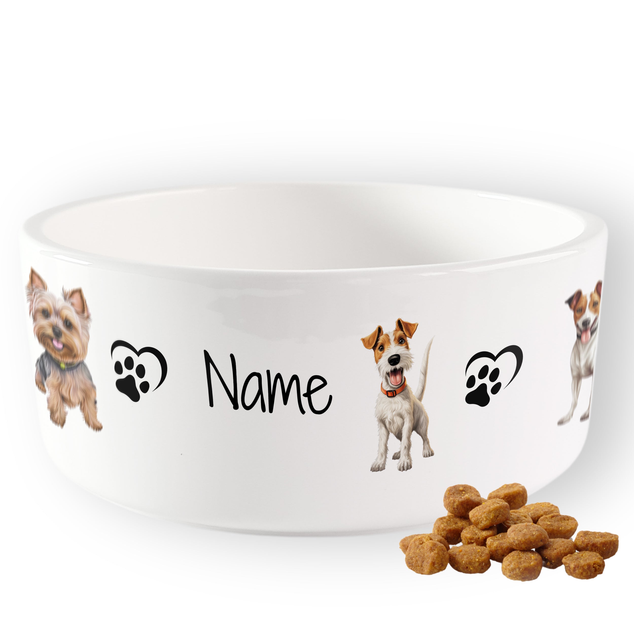 Weiße Hundeschüssel mit Tiermotiven und personalisiertem Namen.