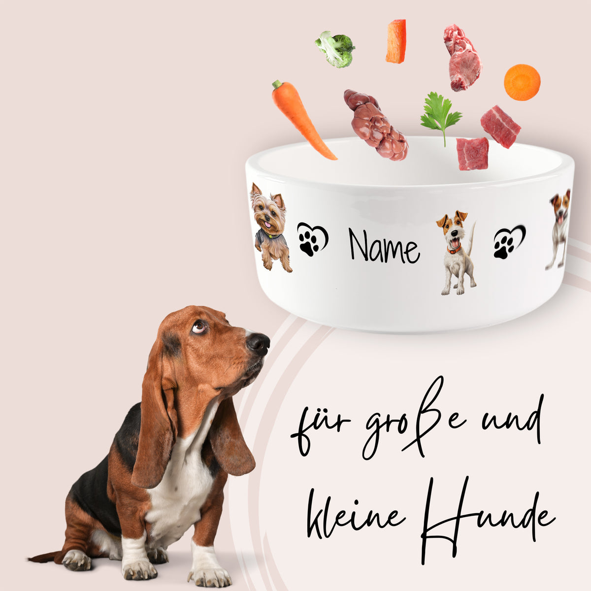Hunde-Napf mit buntem Futter und personalisierbarem Namen.
