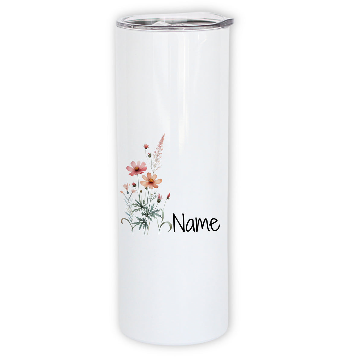 Weißer Becher mit Blumenmuster und personalisiertem Namen.