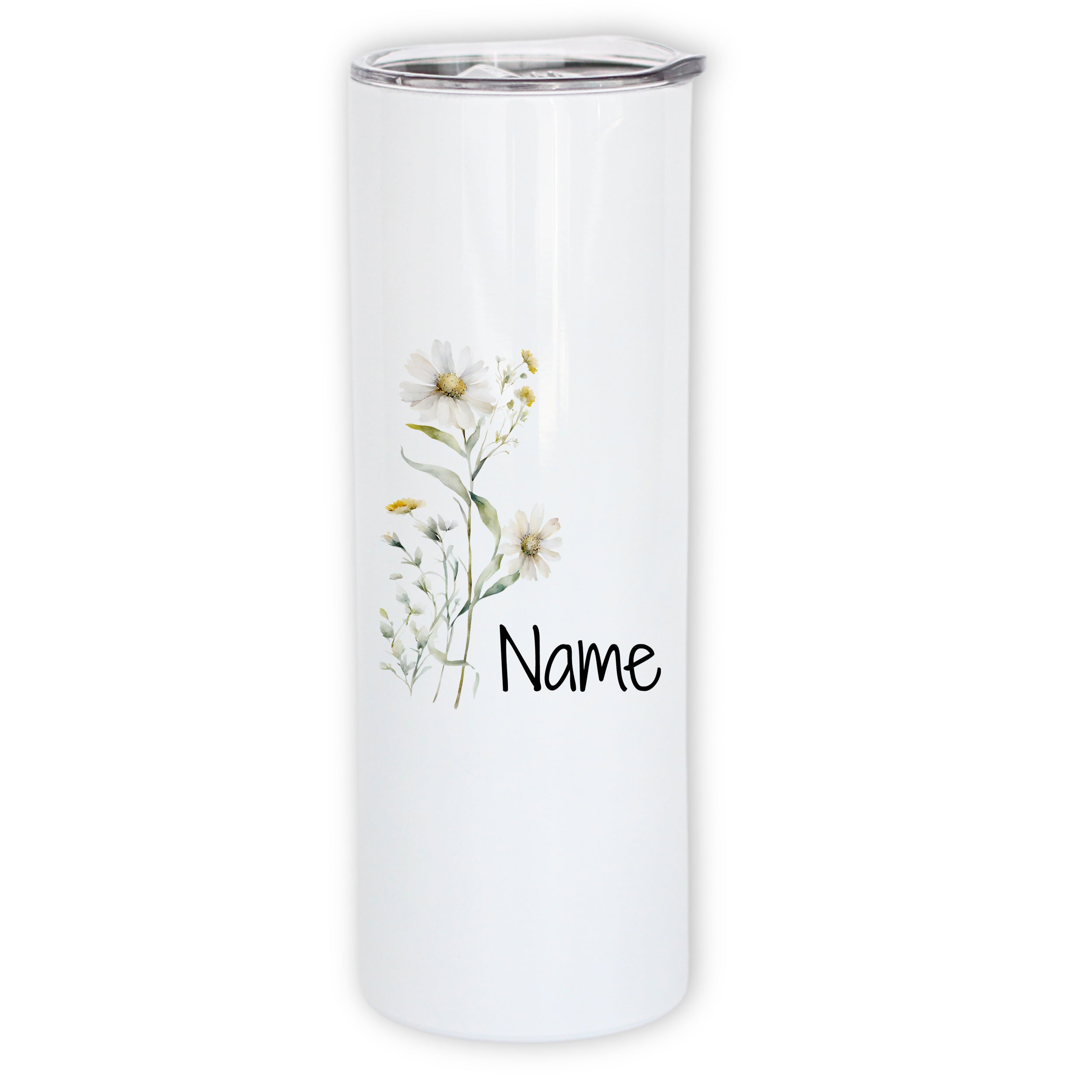 Weißer Becher mit Blumenmotiv und personalisierbarem Namen.
