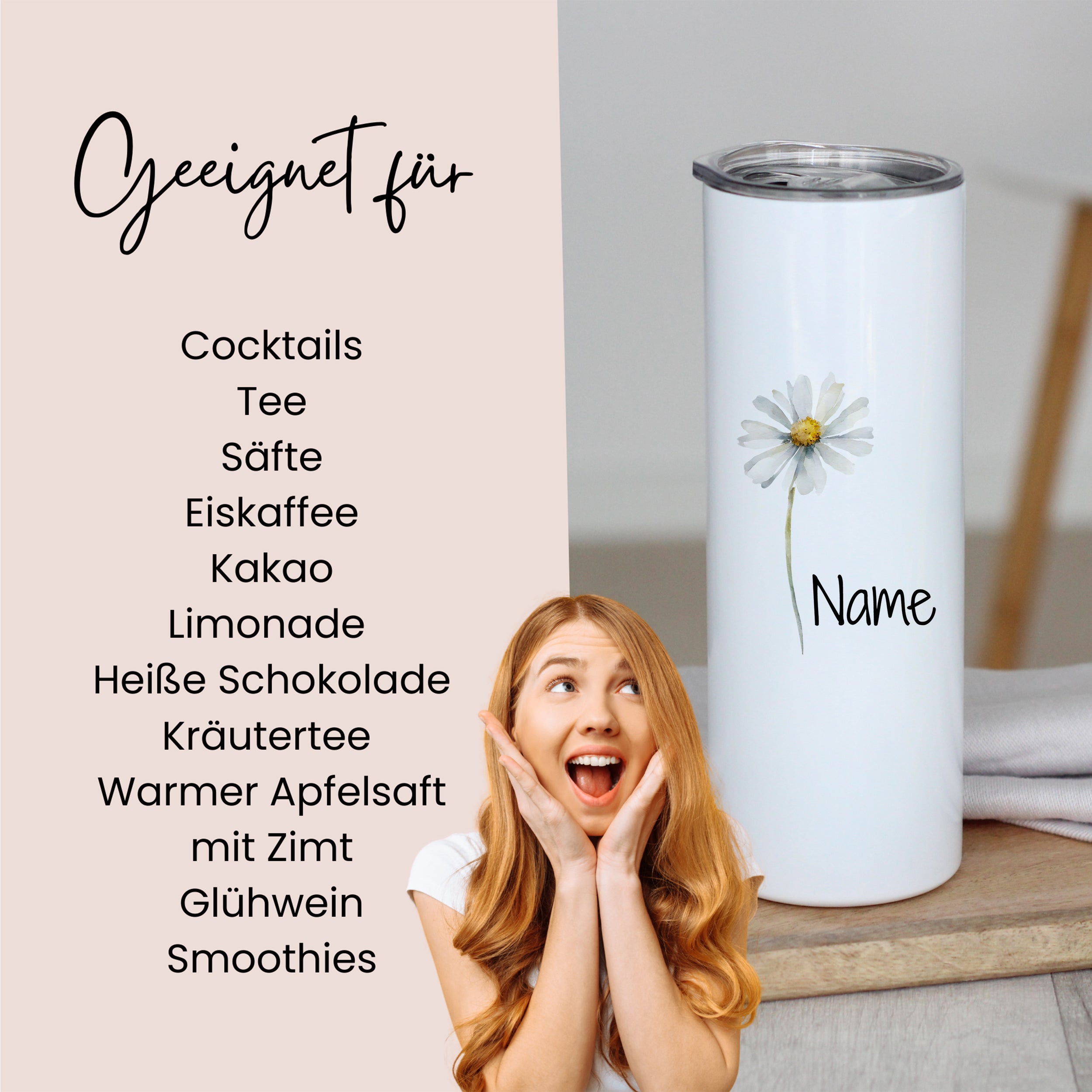 Weißer Trinkbecher mit Gänseblümchen und personalisierbarem Namen.