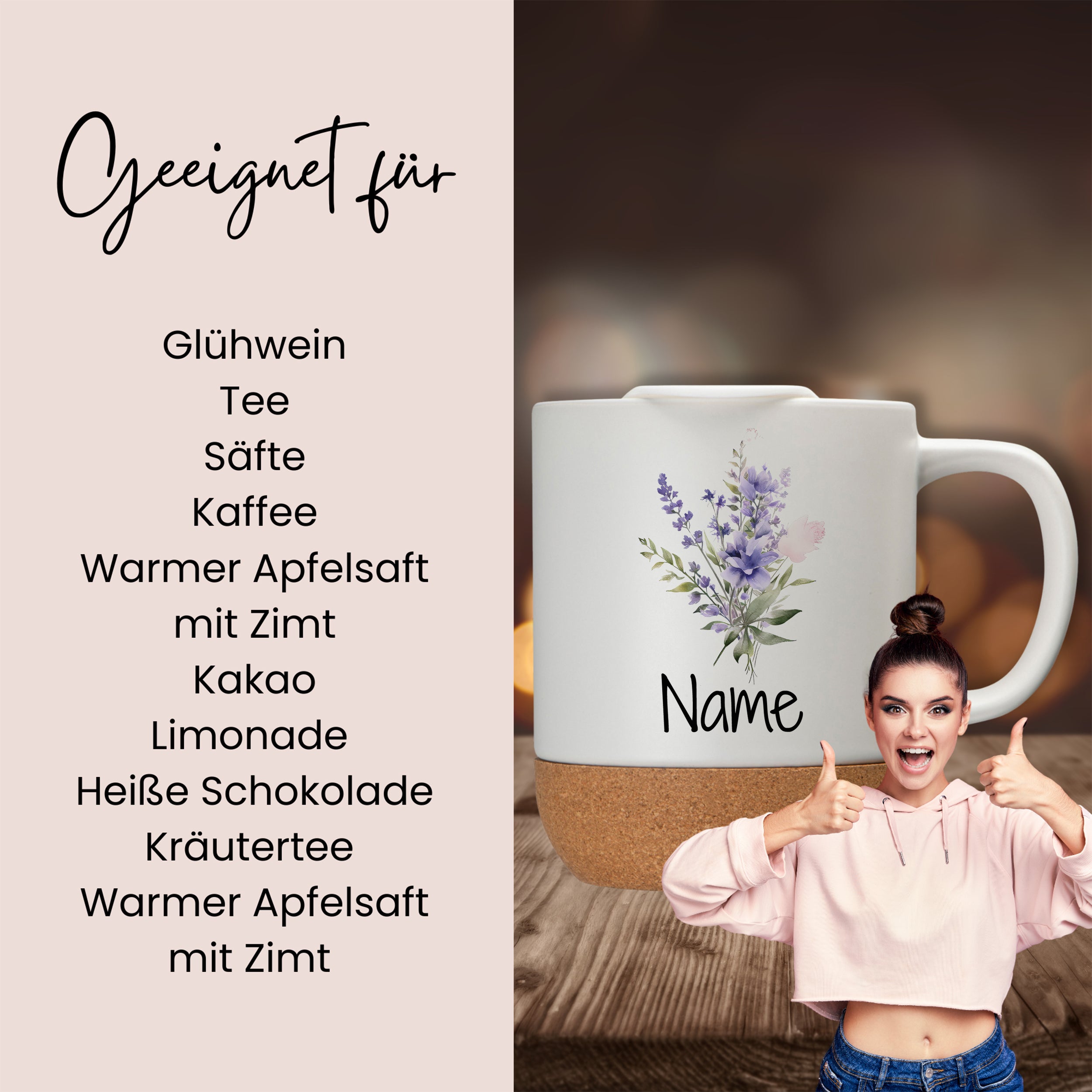Weißer Kaffeebecher mit floralen Motiven und Korkboden.