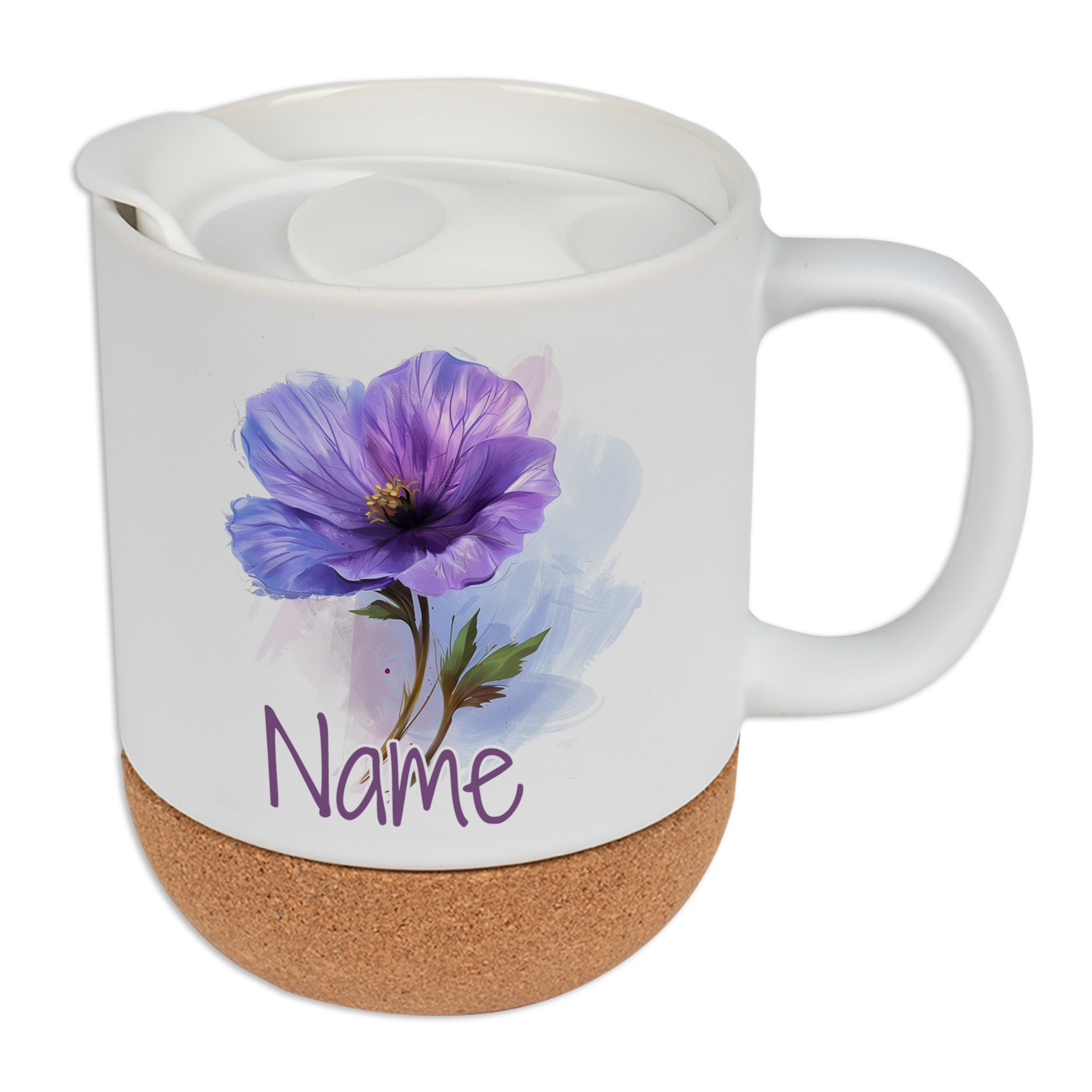 Tasse mit lila Blume und Korkboden, personalisierbar.