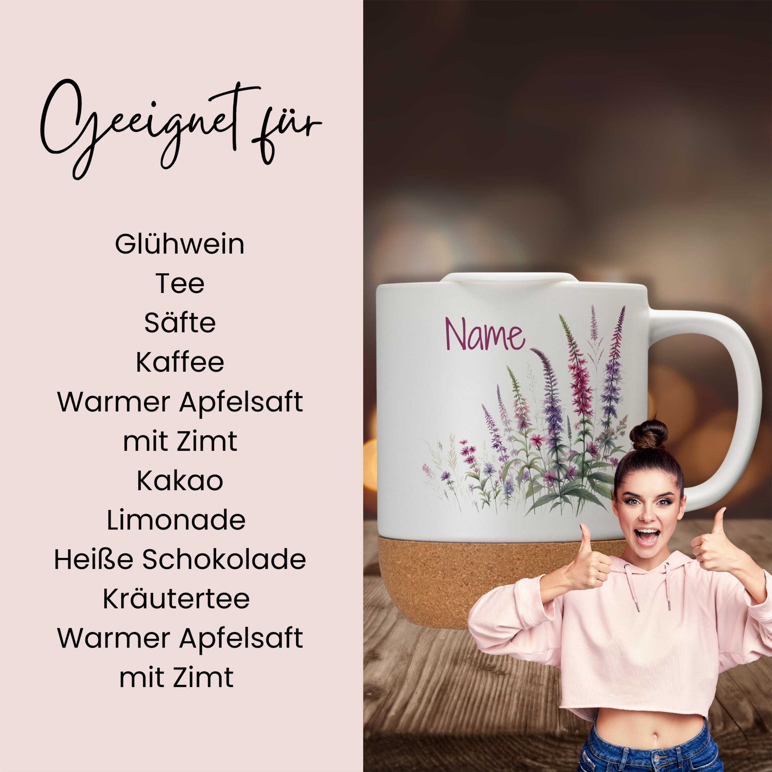 Tasse mit floralem Design und Korkboden, personalisierbar.