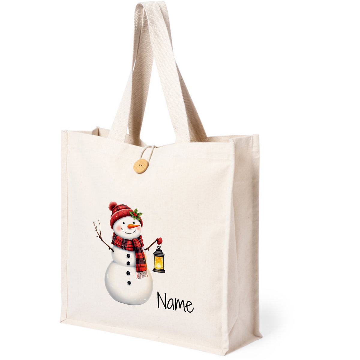 Beige Tragetasche mit Schneemann und Laterne, personalisierbar.