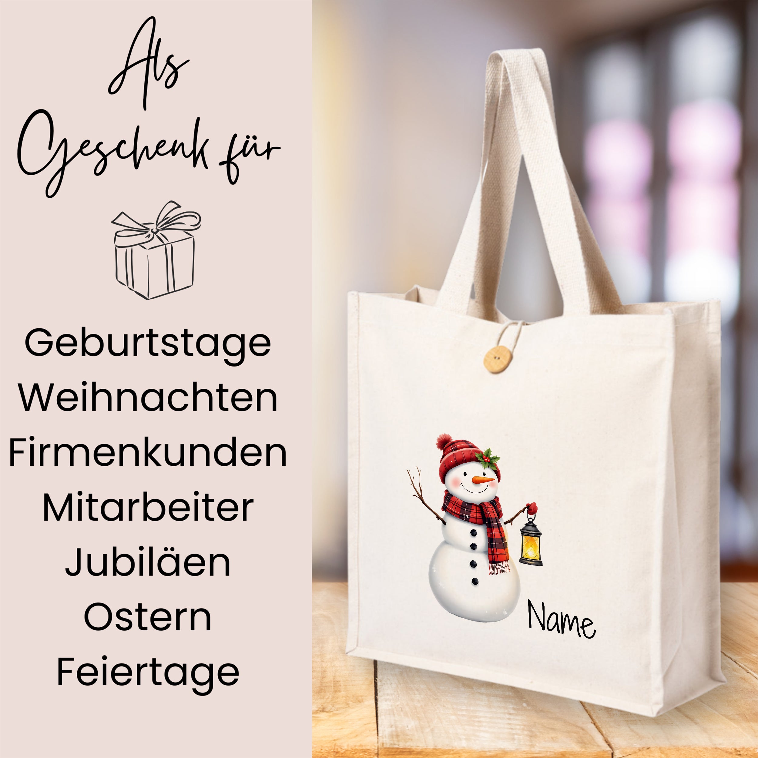 Beige Stofftasche mit Schneemann und Laterne.