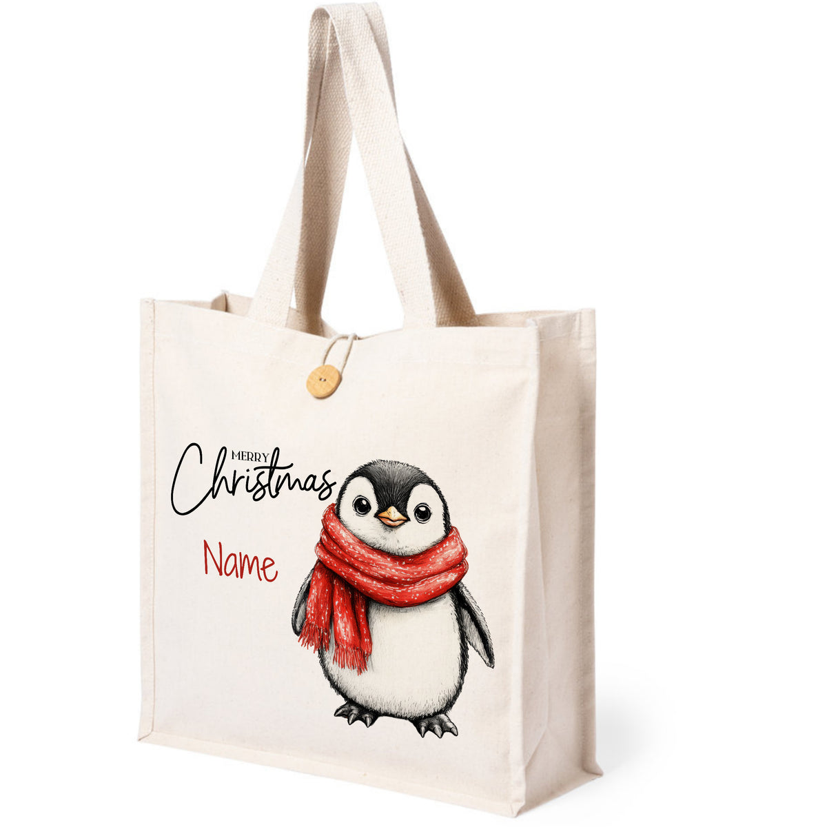 Weihnachtliche Stofftasche mit Pinguin und rotem Schal.