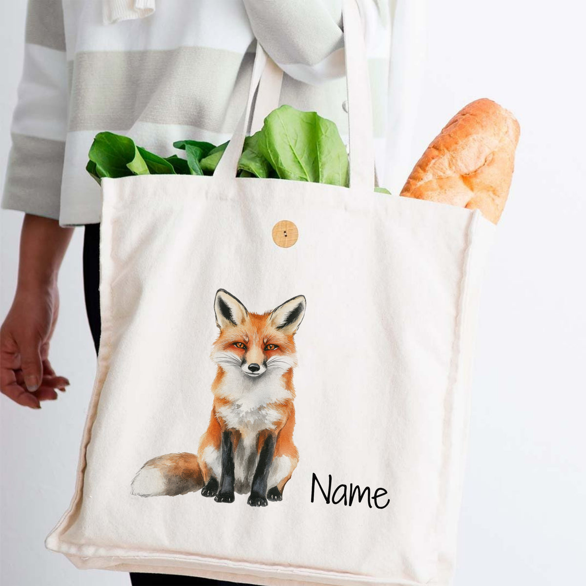 Beige Baumwolltasche mit Fuchs-Motiv und personalisierbarem Namen.