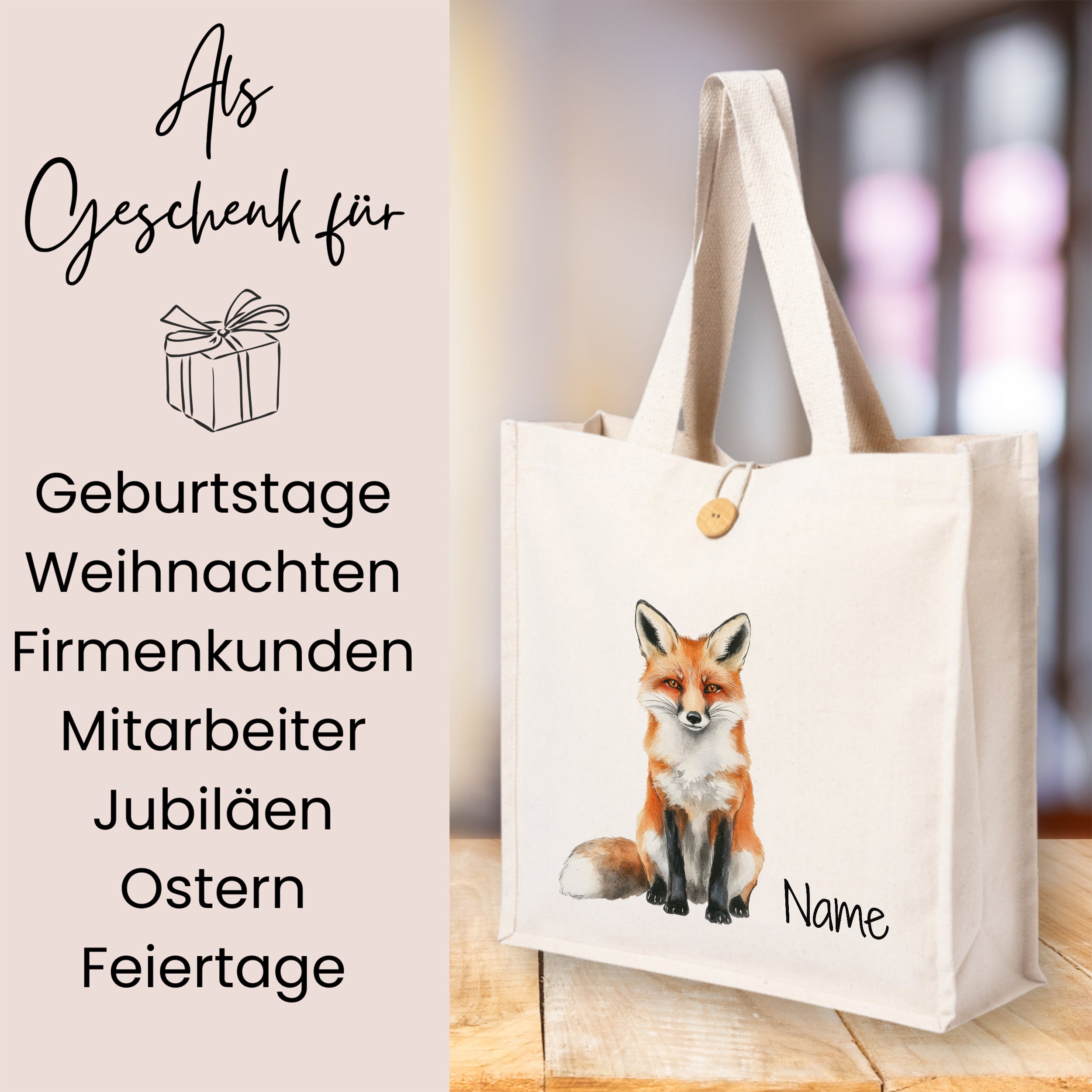 Beige Baumwolltasche mit Fuchs-Motiv und personalisierbarem Namen.