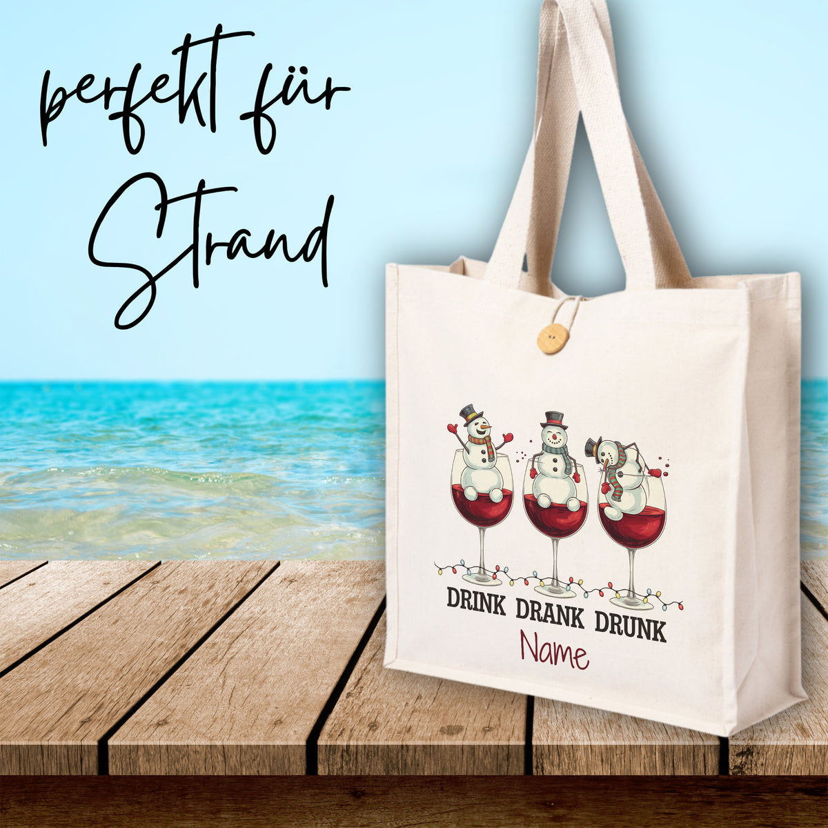 Beige Strandtasche mit Schneemännern und „Drink Drank Drunk“.