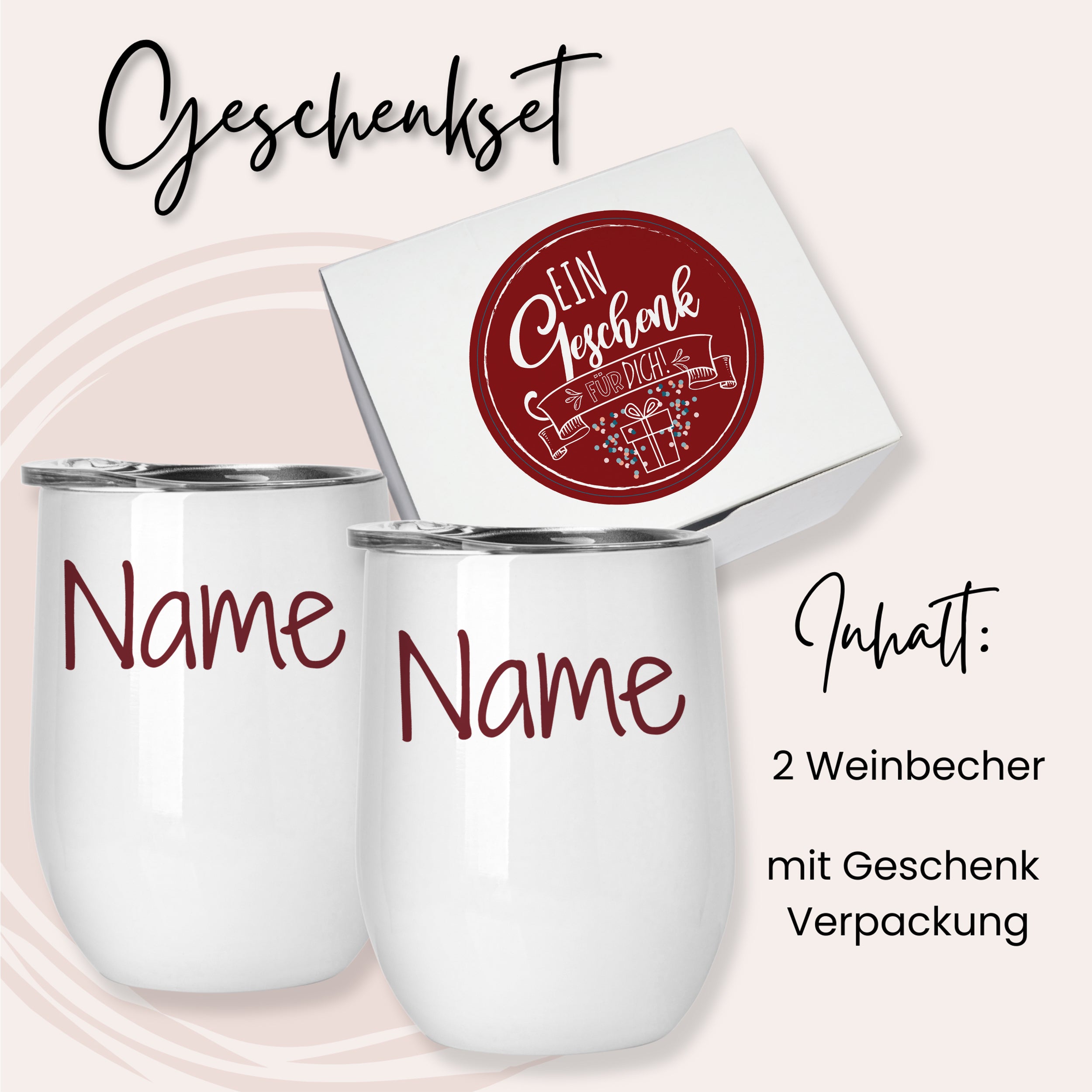 Geschenkset mit zwei weißen personalisierten Weinbechern.