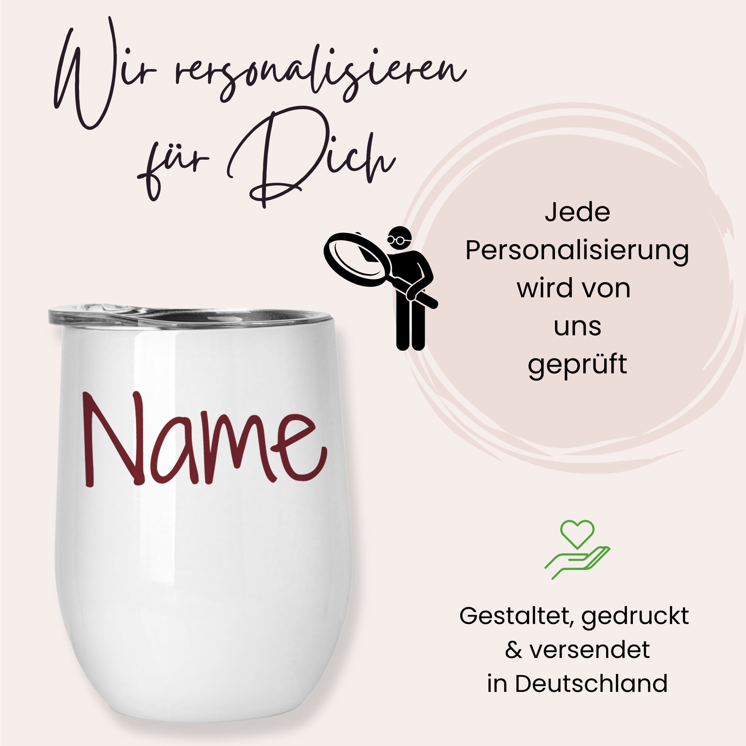 Personalisierbarer weißer Becher mit rotem Namen.