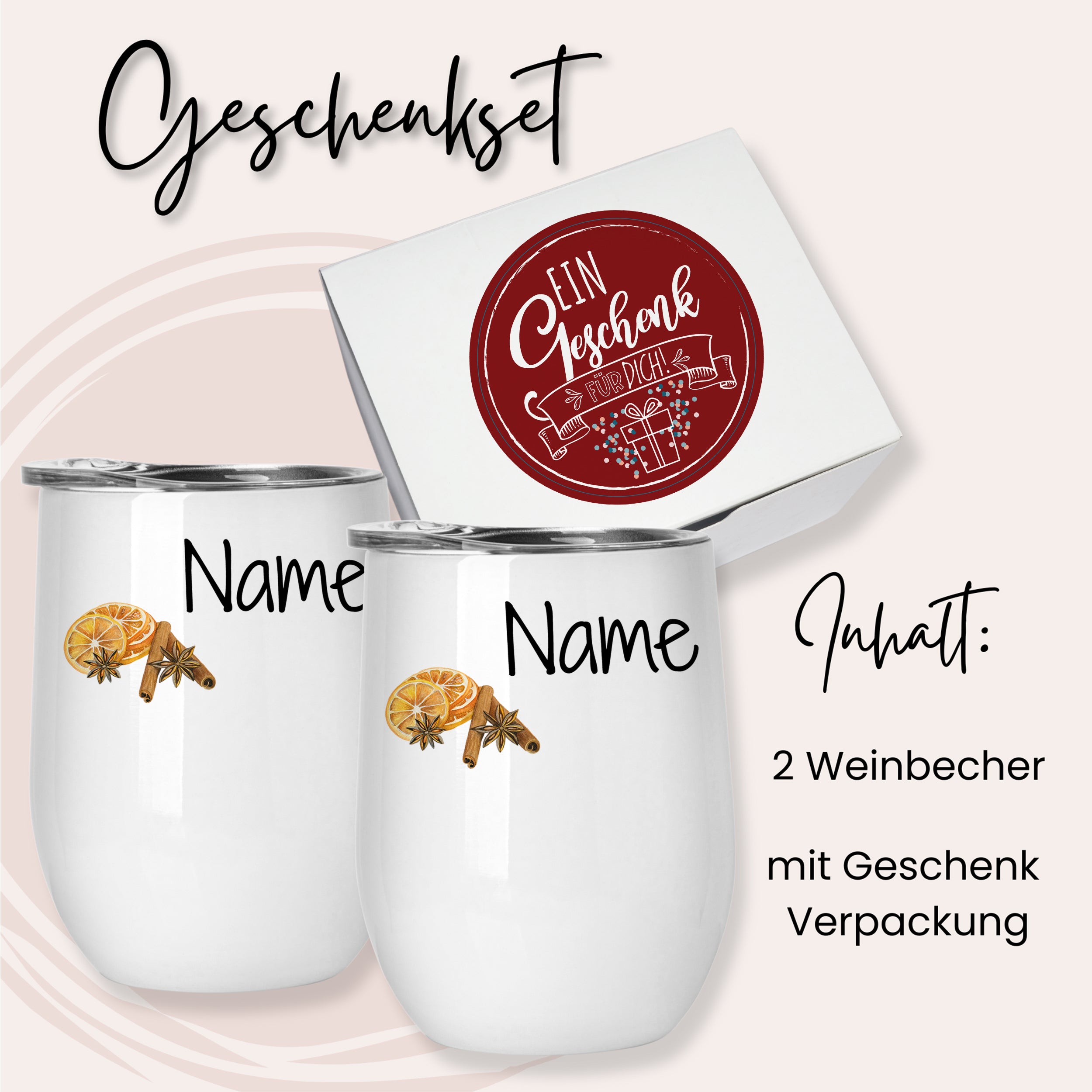 Geschenkset mit zwei weißen Weinbechern und Verpackung.