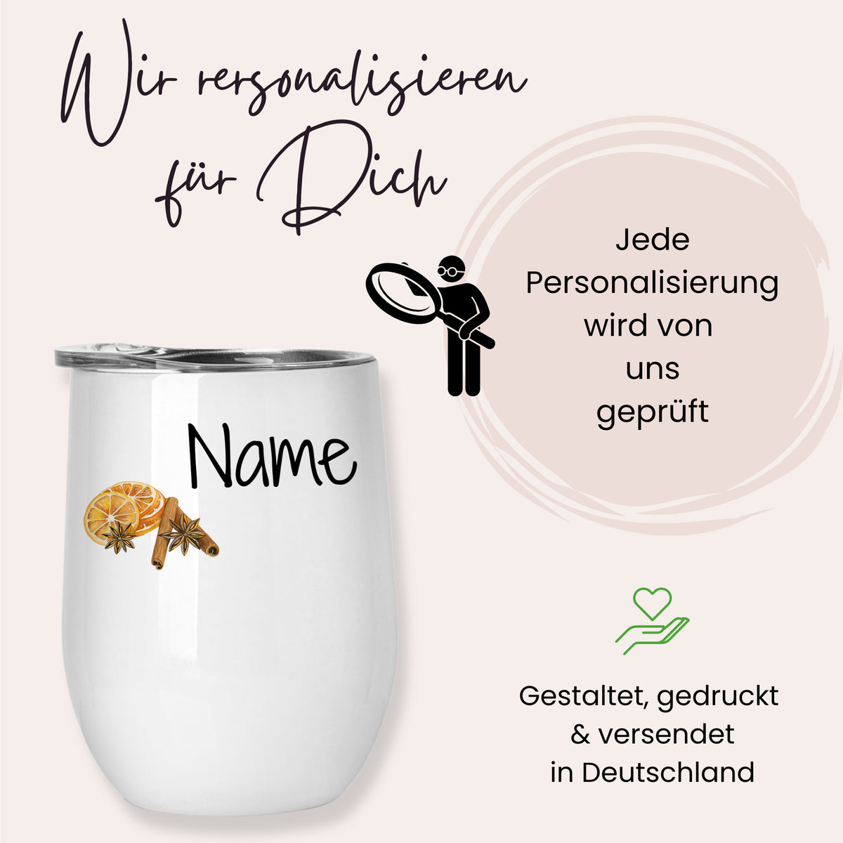 Weißer personalisierbarer Becher mit Namen und Zitrusfrüchten.