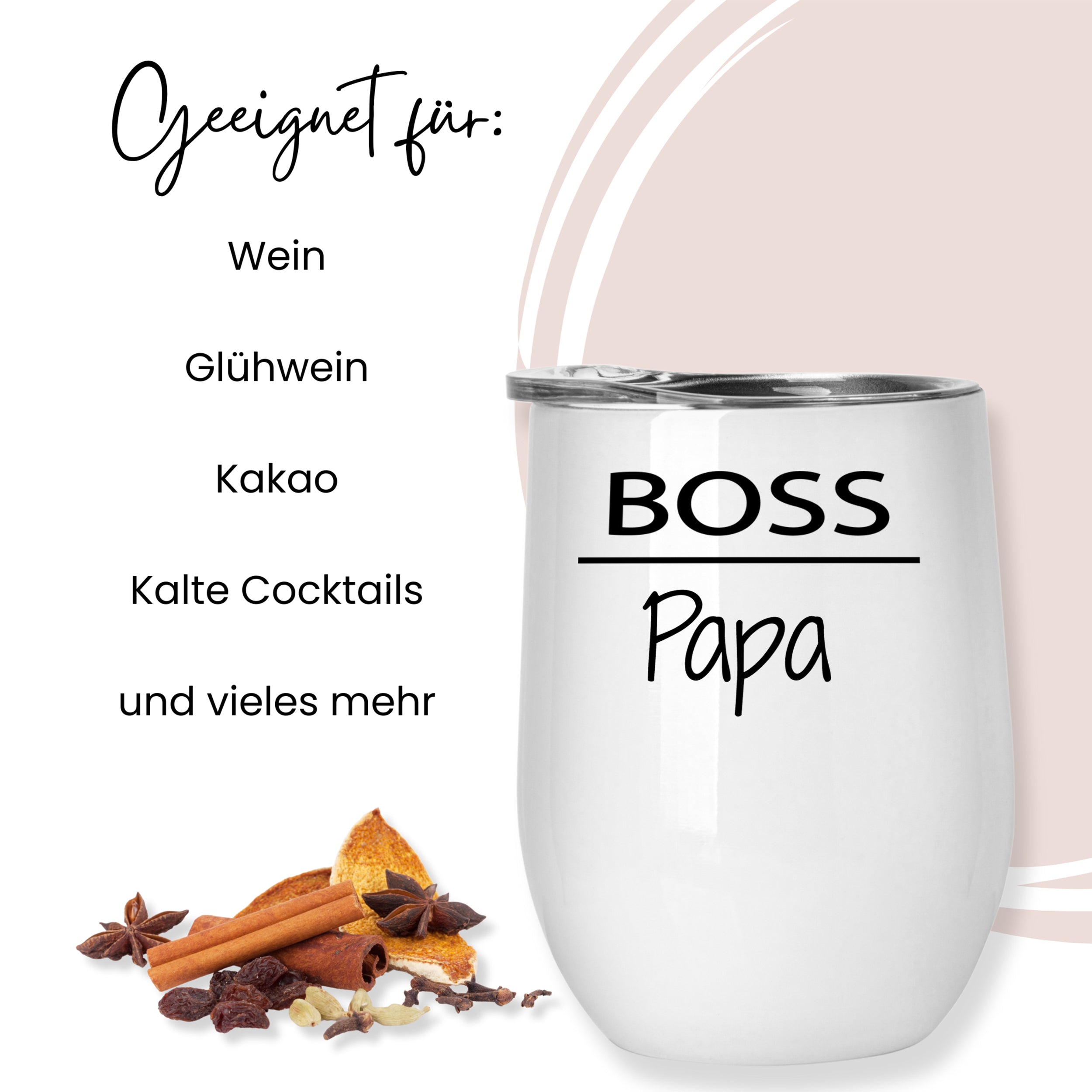 Weißer Becher mit "BOSS Papa" Aufschrift, geeignet für Getränke.