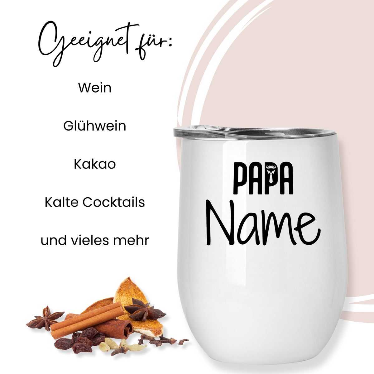 Weißer Becher mit "PAPA" und personalisierbarem Namen.