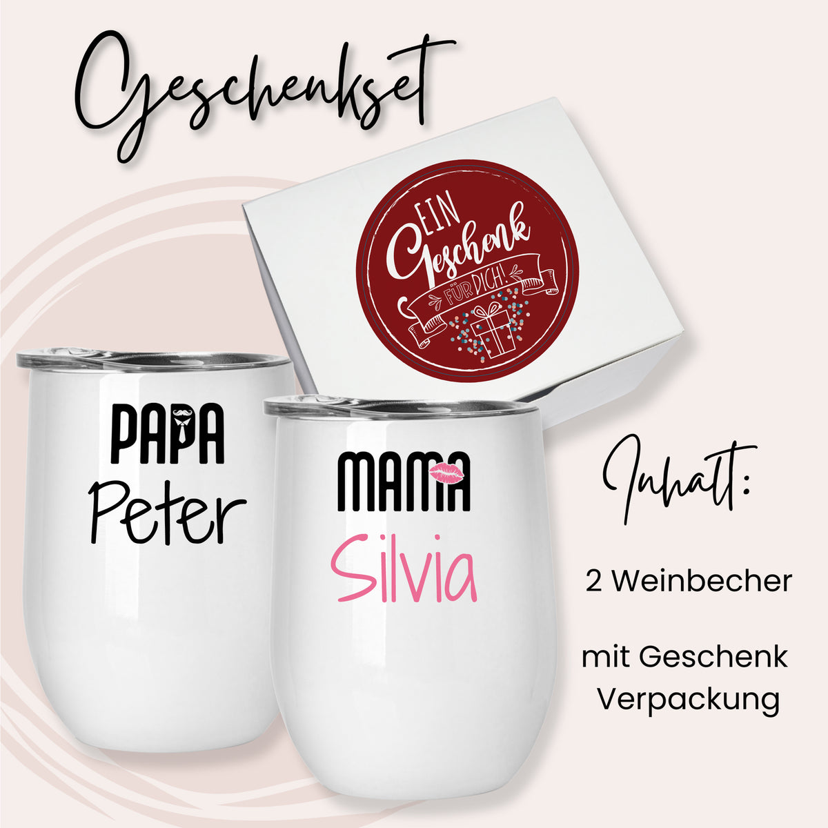 Geschenkset mit zwei personalisierten Weinbechern in Weiß.
