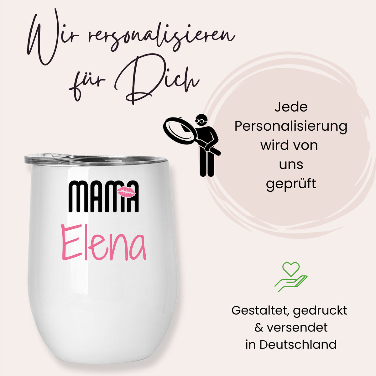 Weißer personalisierter Becher mit rosa Schriftzug "Mama Elena".