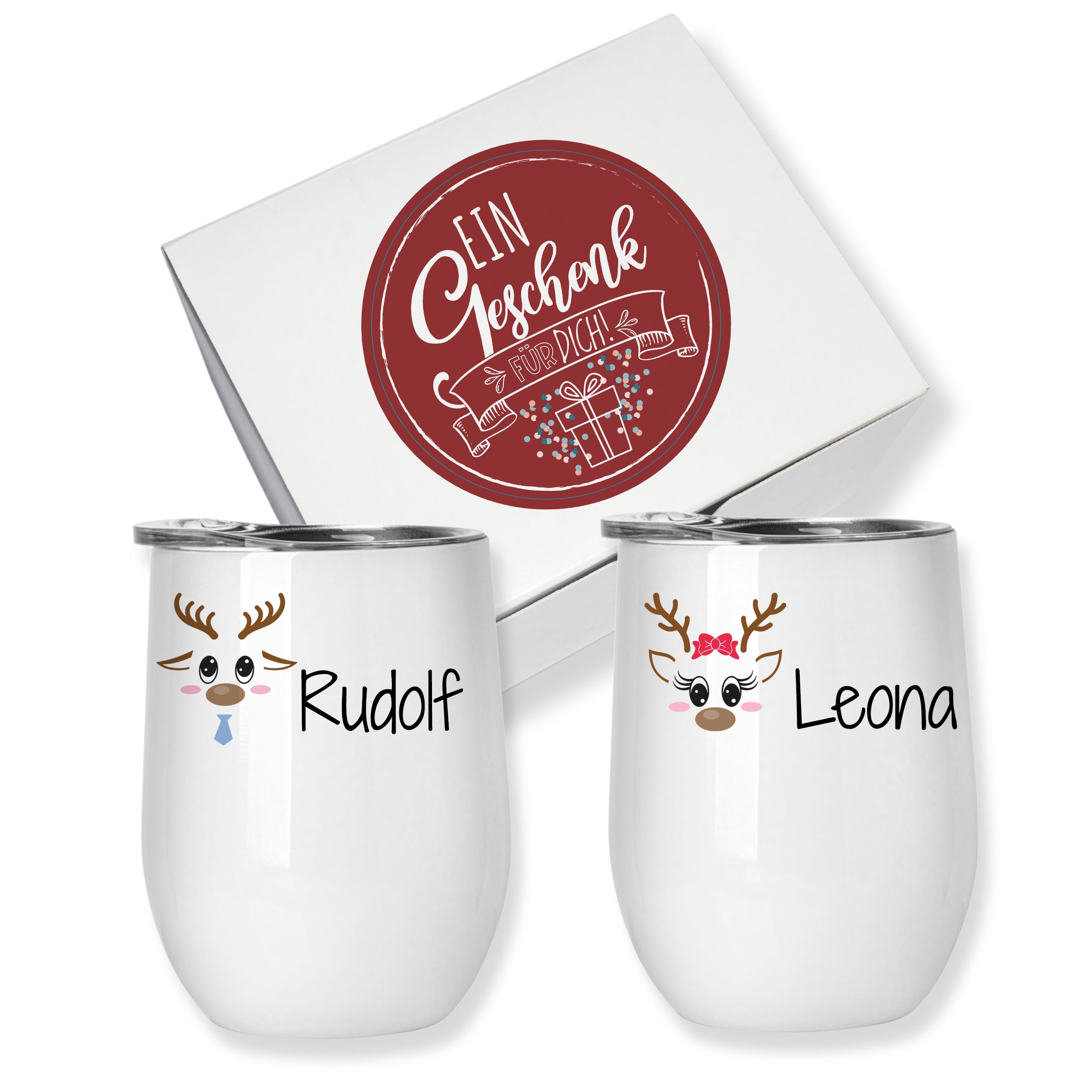 Weiße Tassen mit Rentier-Motiven, Namen Rudolf und Leona.