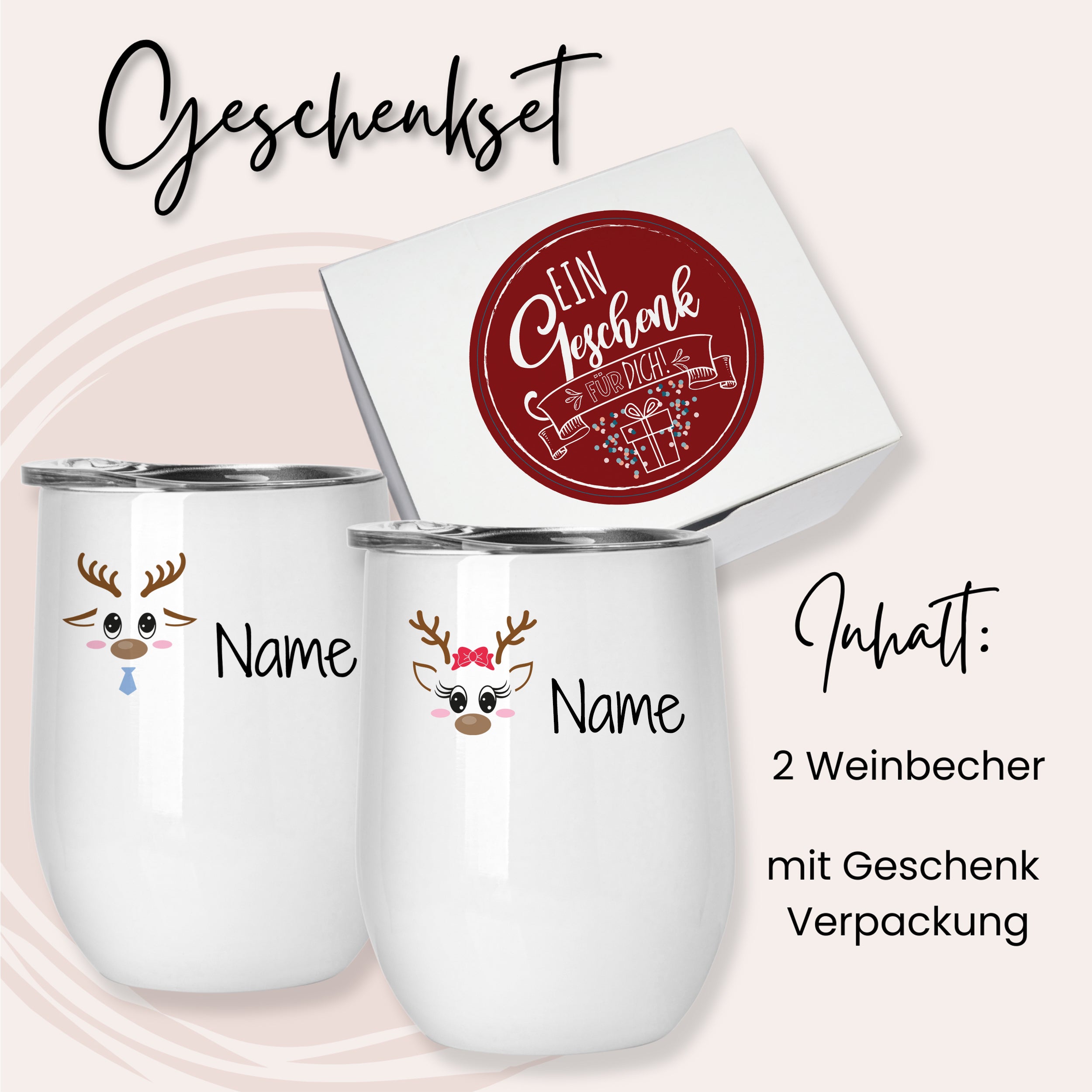 Geschenkset mit zwei weißen Weinbechern und Verpackung.