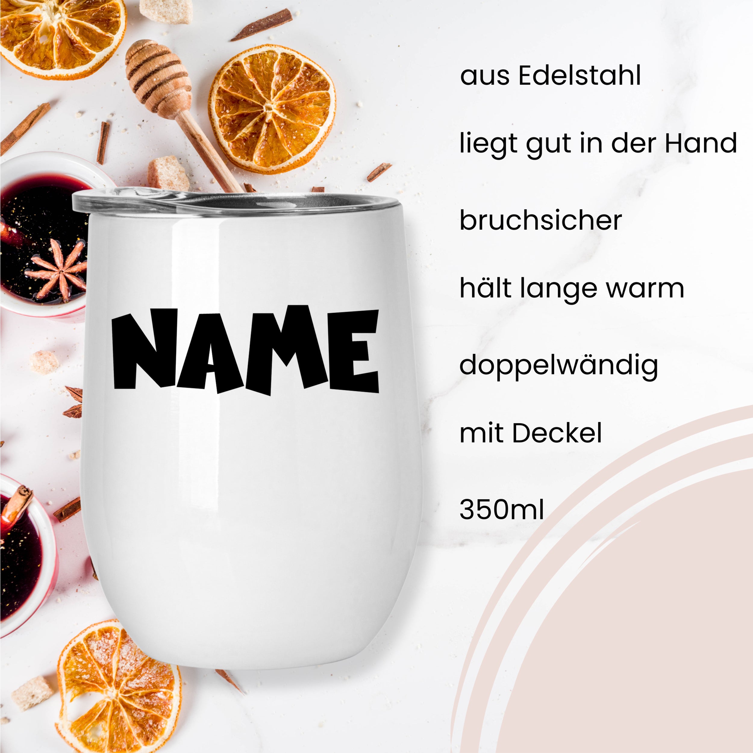 Edelstahlbecher, weiß, 350ml, bruchsicher, doppelwandig.