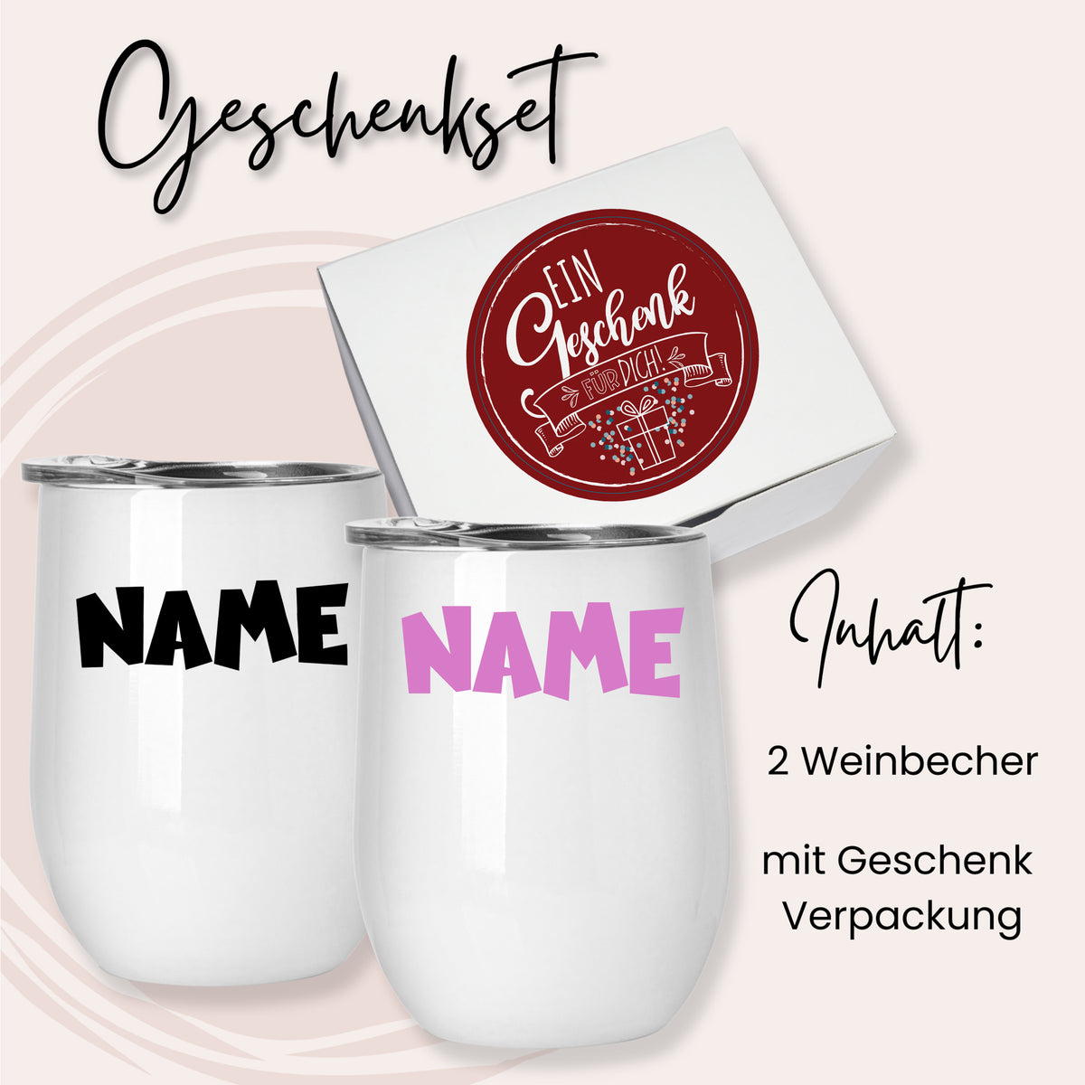 Geschenkset mit zwei personalisierten Weinbechern in Weiß.