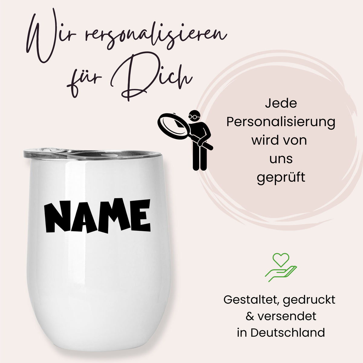Weißer personalisierbarer Becher mit schwarzem Schriftzug "NAME".