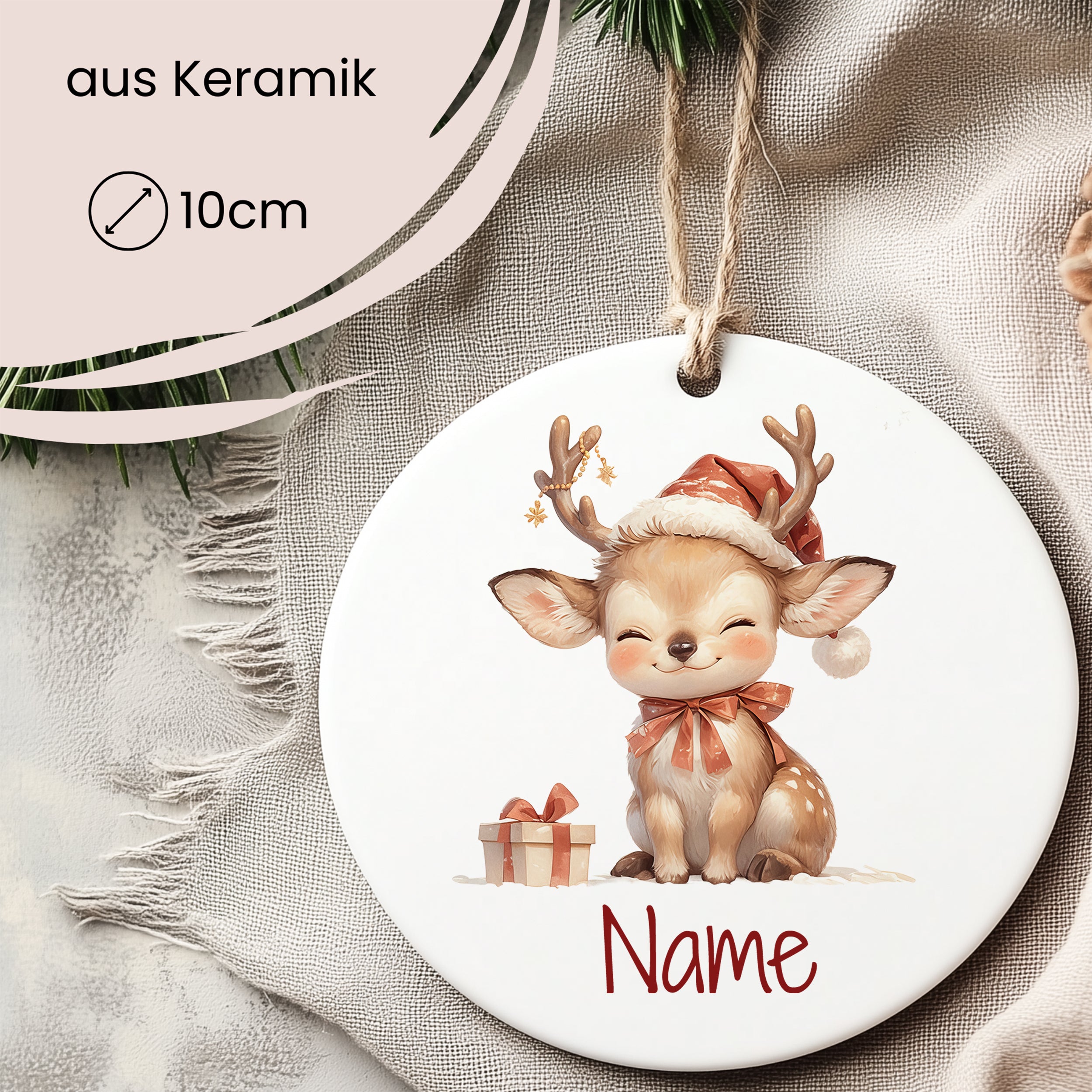 Keramikschild mit niedlichem Rentier und personalisierbarem Namen.
