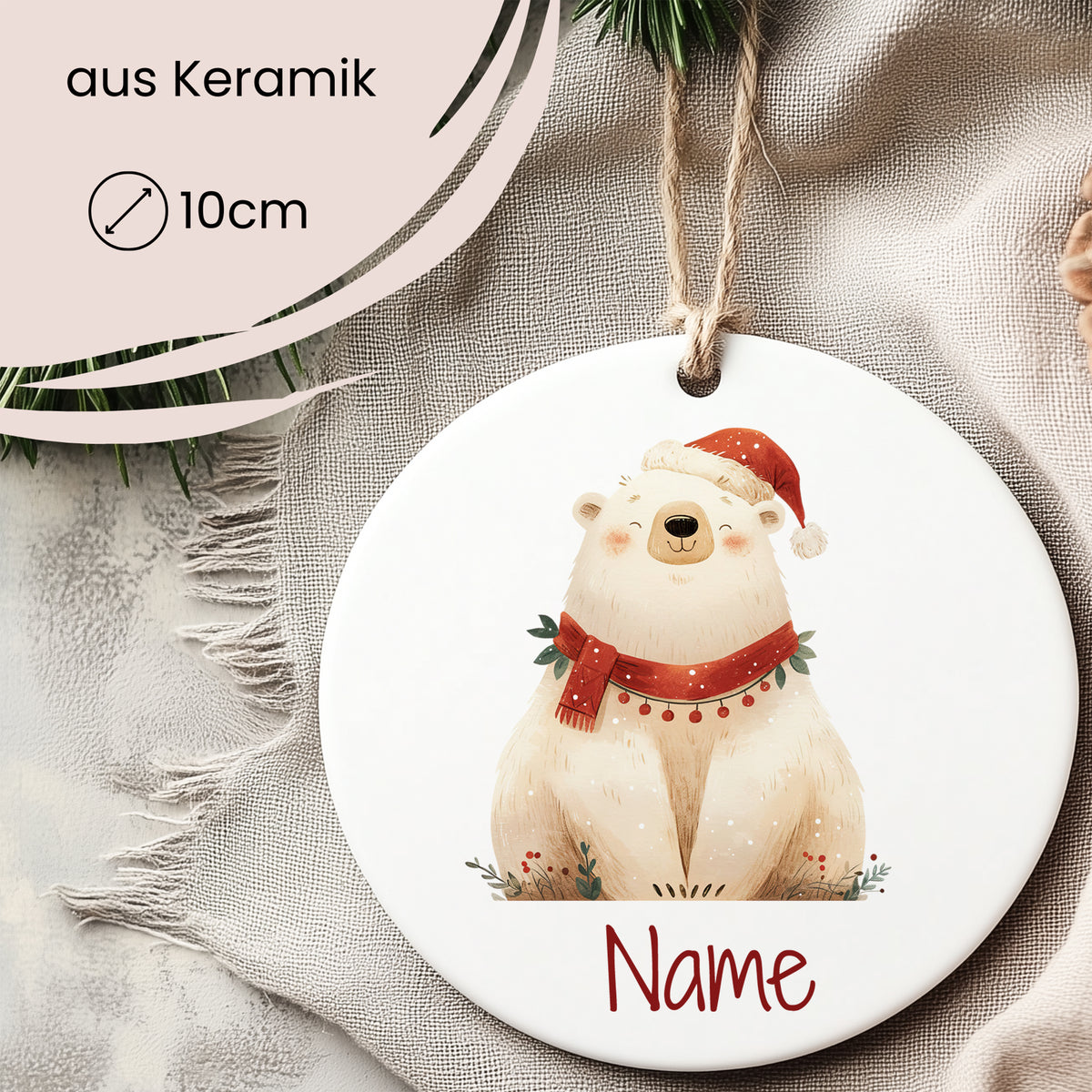 Keramikschild mit bärigem Weihnachtsmotiv, 10 cm, personalisierbar.