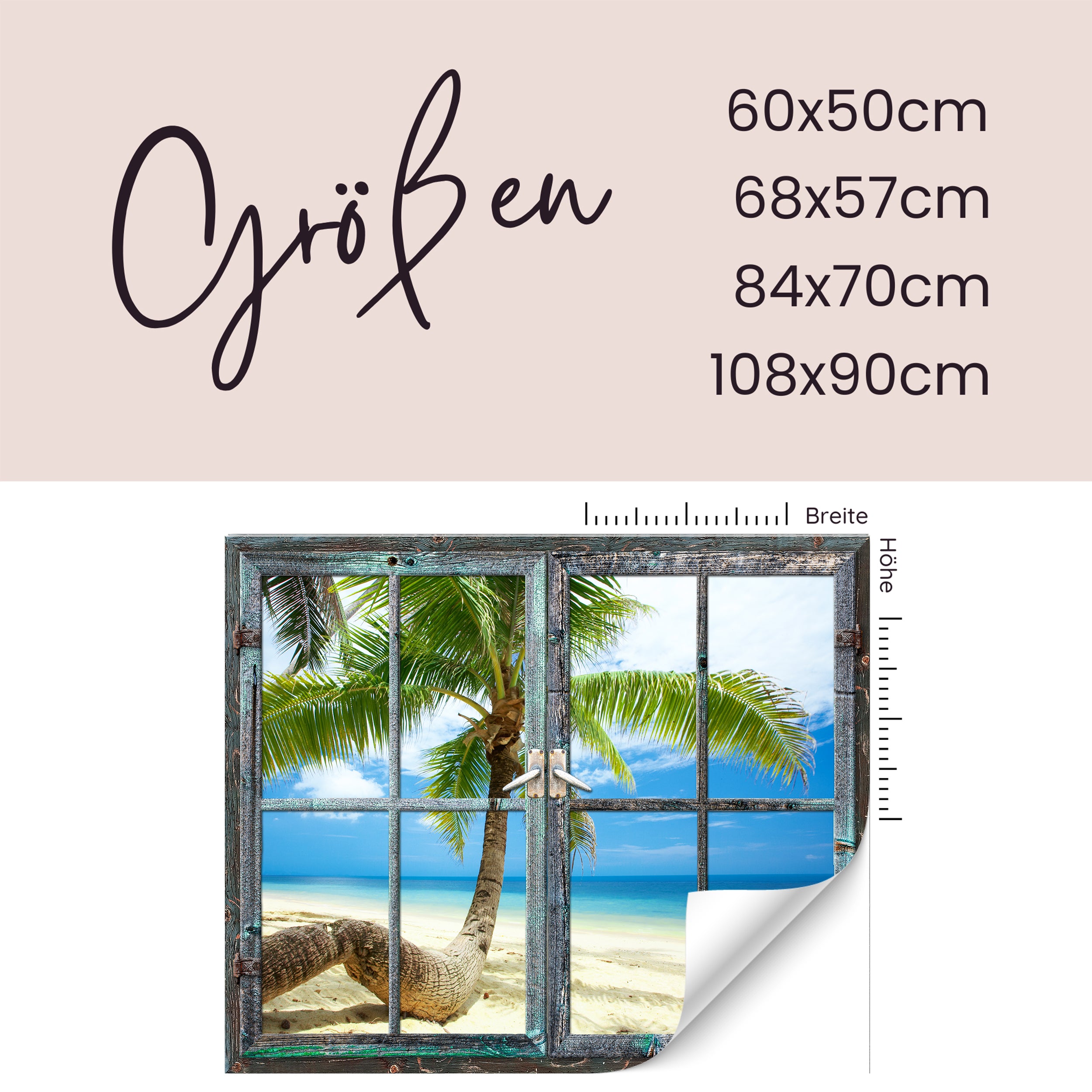 Fenster mit Palmenblick, verschiedene Größen, blau-grünes Farbschema.