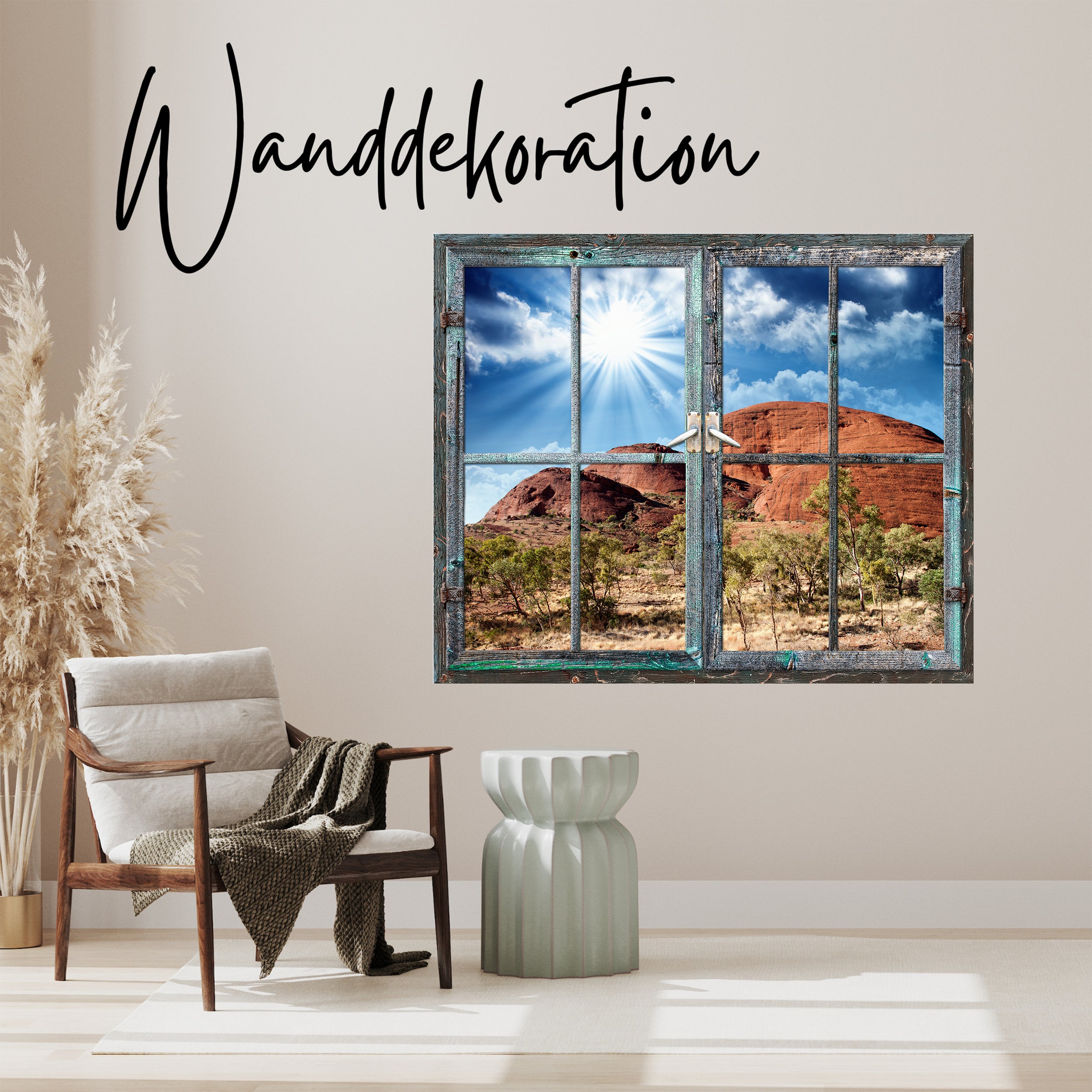 Fenster-Wanddekoration mit Landschaftsbild, blaue Farbe, Sonnenstrahlen.