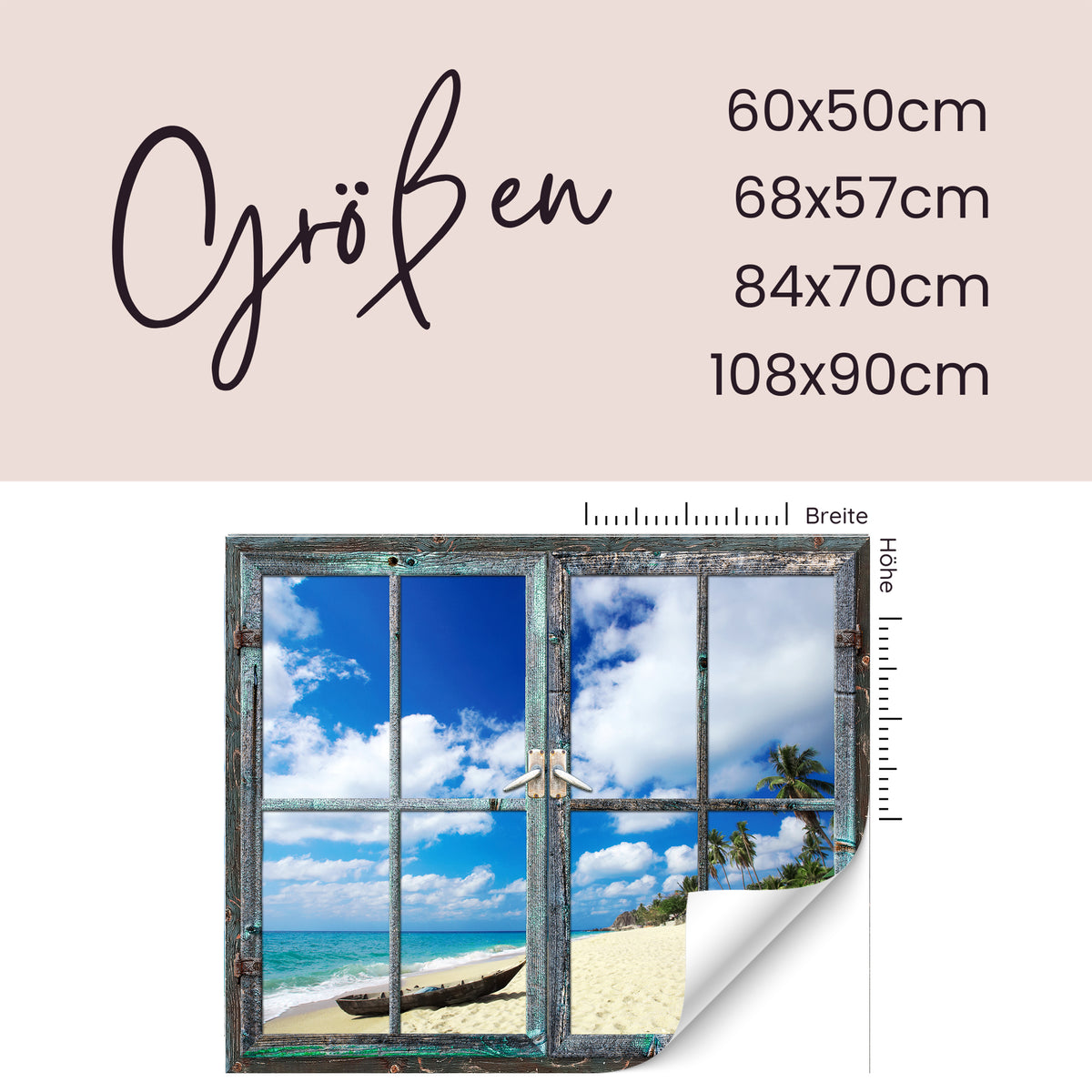 Fensterbild mit Strandmotiv, Größenangaben in cm.