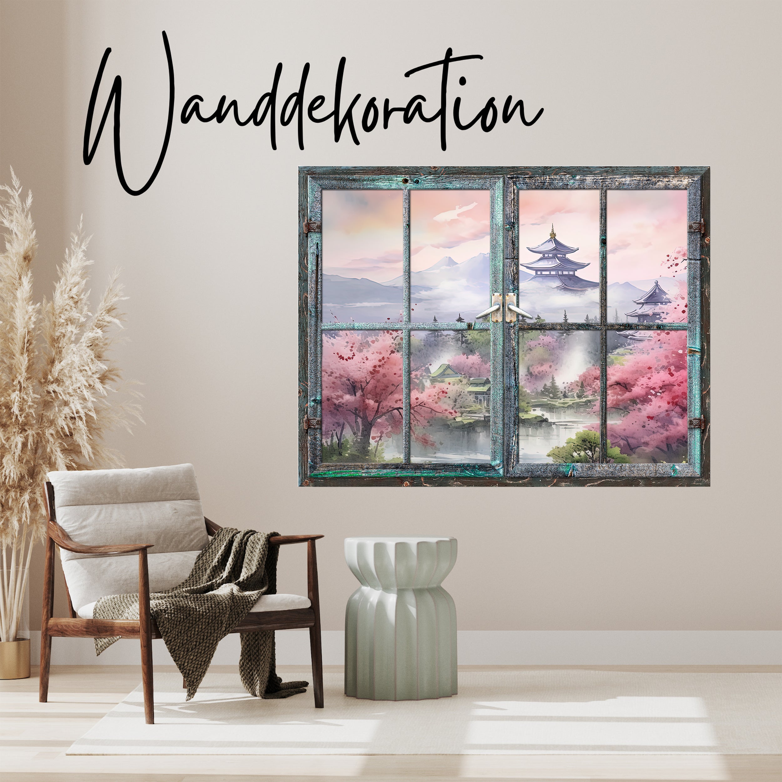 Asiatische Landschaft mit Kirschblüten, Fensterrahmen in Holzoptik.