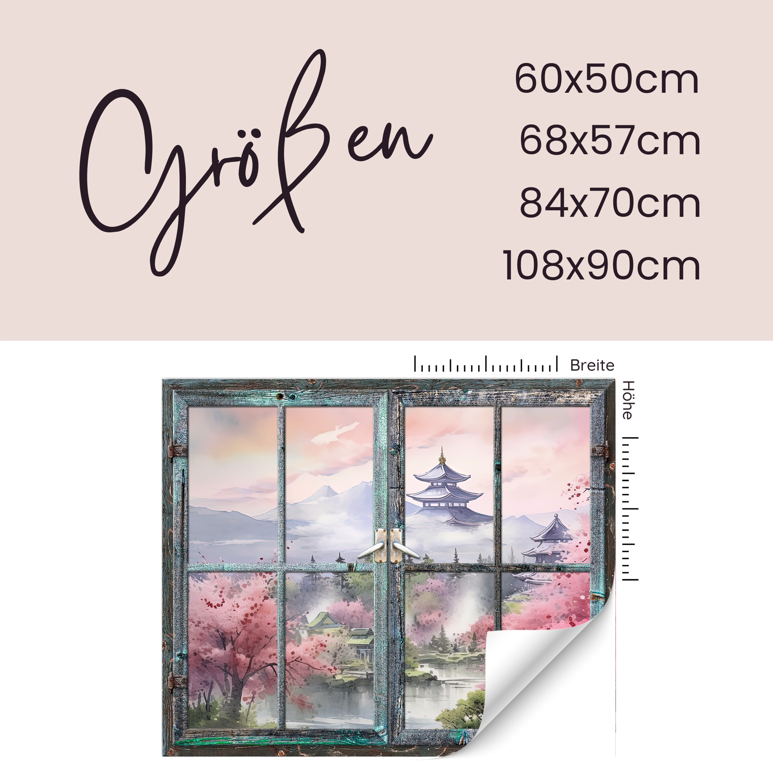 Fenster mit asiatischer Landschaft, pastellfarbene Töne, verschiedene Größen.