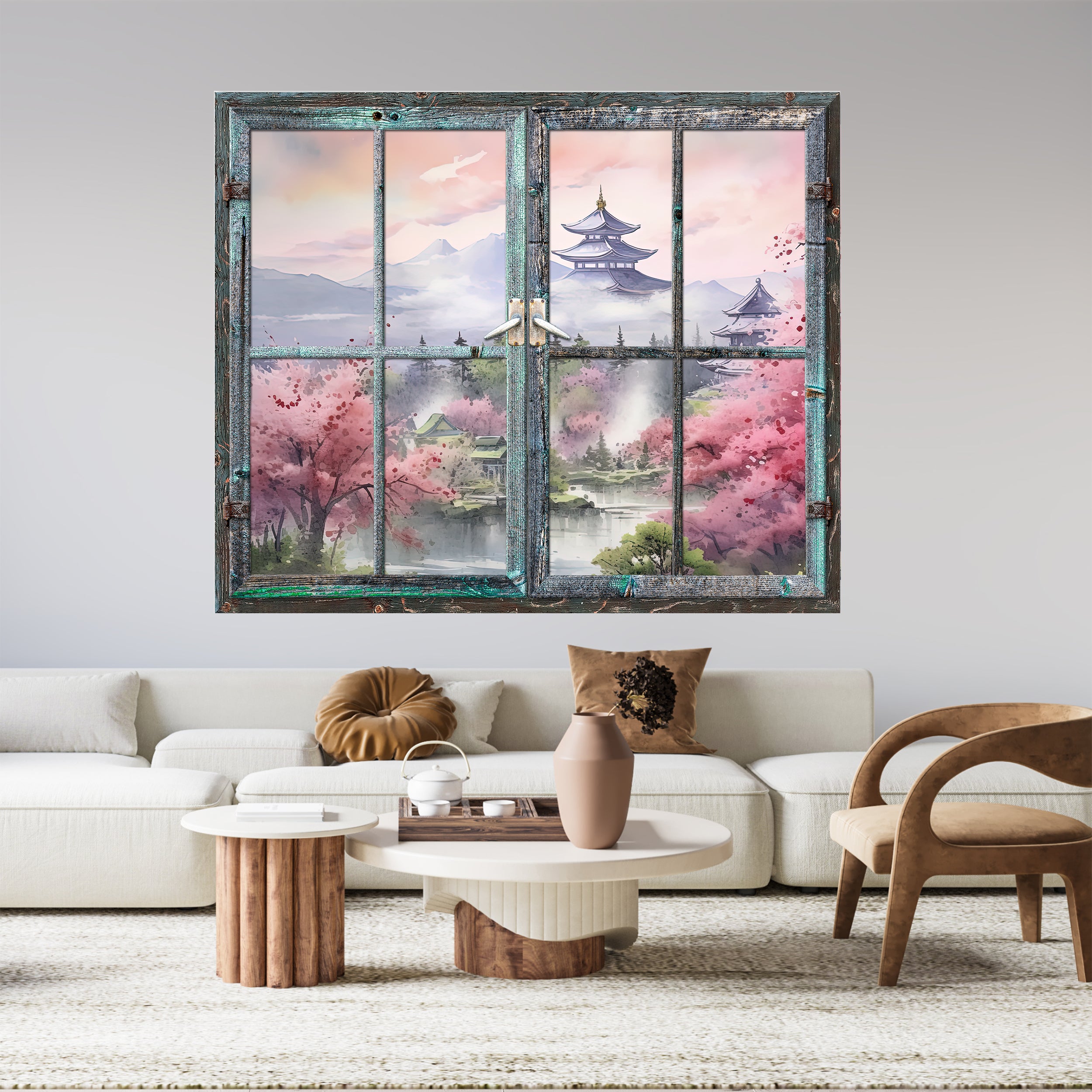 Fenster mit pinken Kirschblüten und japanischer Landschaft.