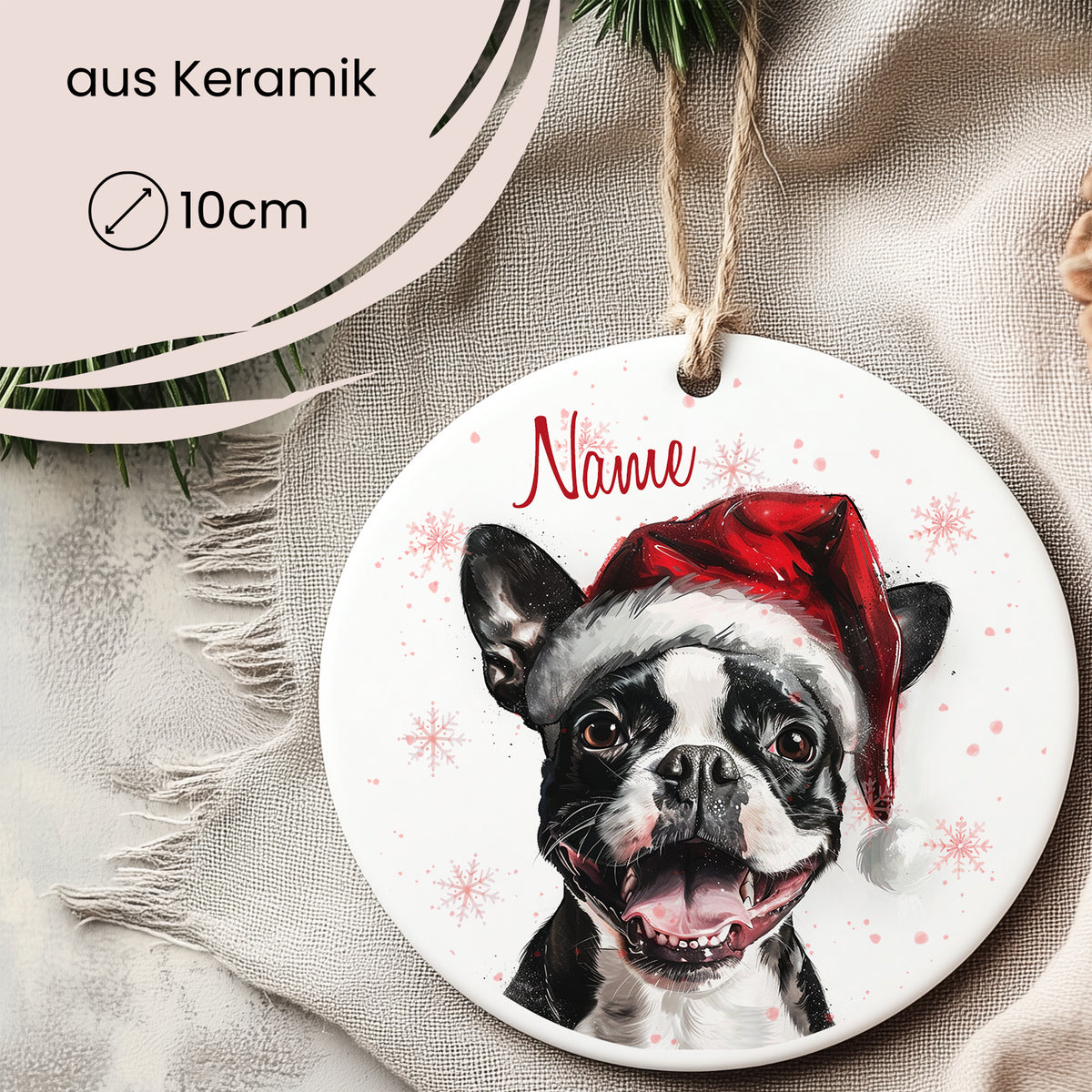 Keramikschild mit Hund im Weihnachtsmann-Hut, 10 cm.