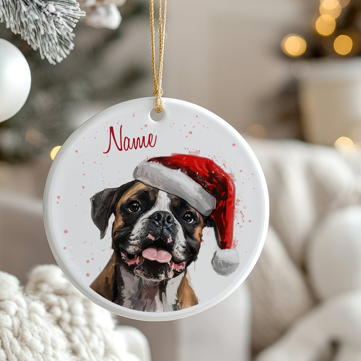 Hund mit Weihnachtsmütze, runder Ornament, personalisierbar.