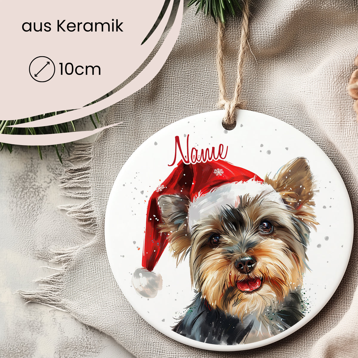 Keramikschild mit Yorkshire Terrier und rotem Weihnachtsmütze.