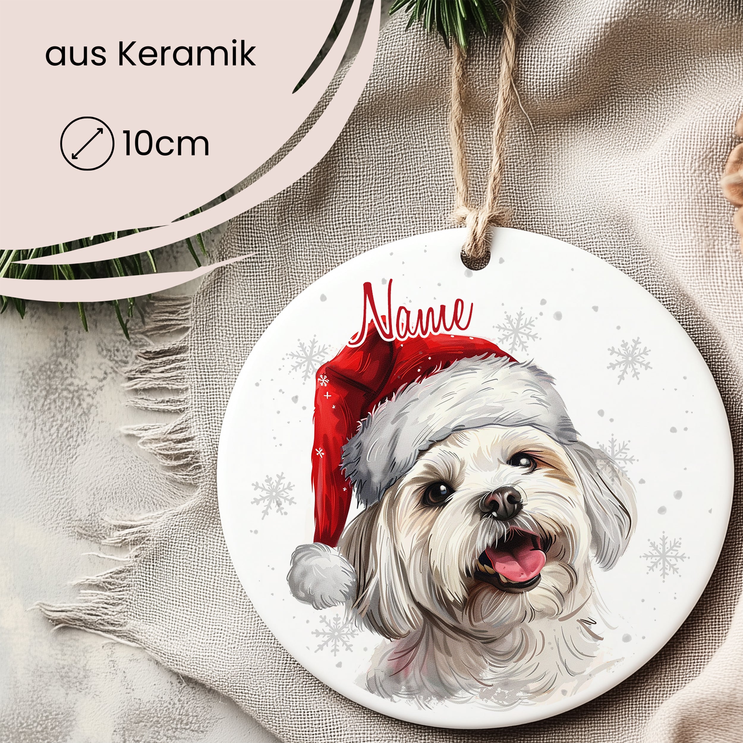 Keramikschild mit Hund, roter Weihnachtsmütze, personalisierbar.