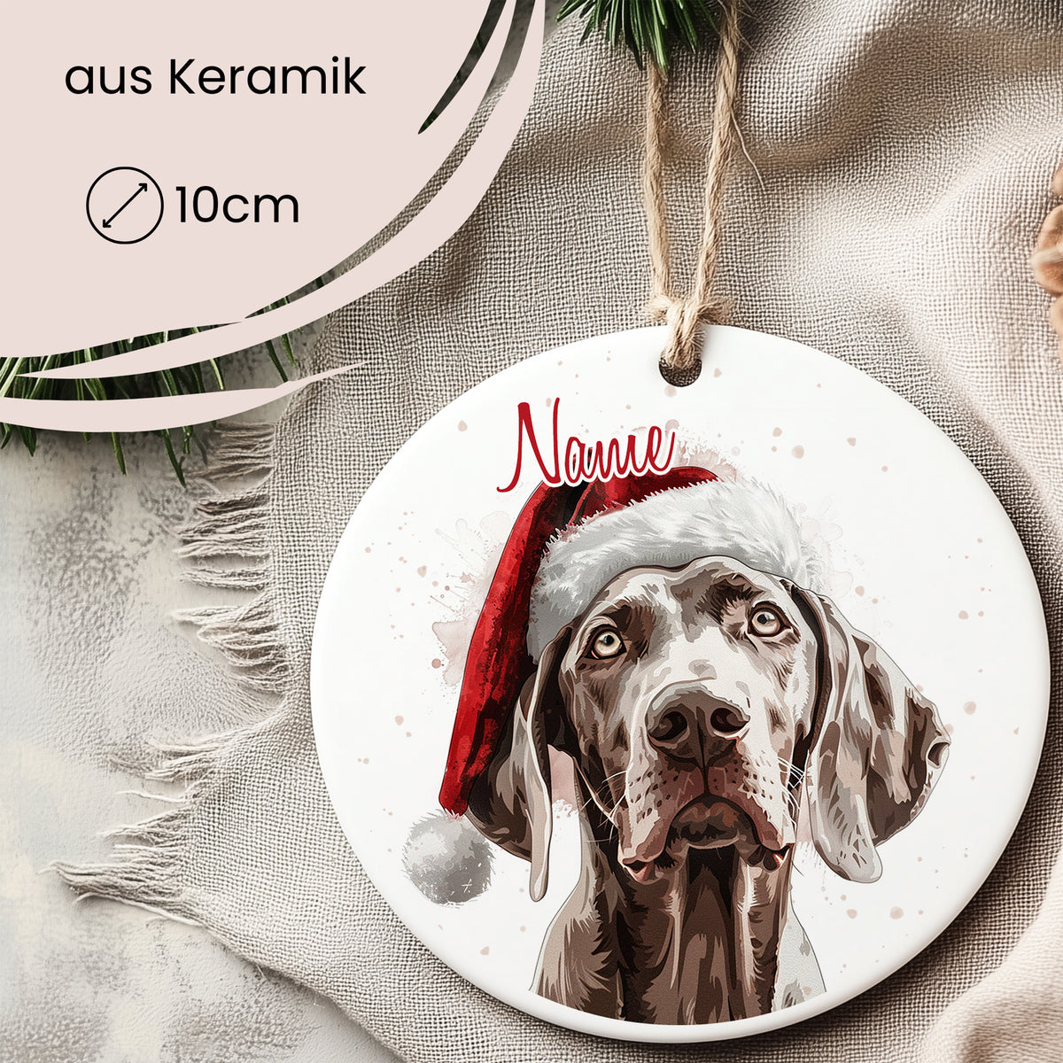 Keramikplatte mit Hund im Weihnachtsmann-Hut, 10 cm.