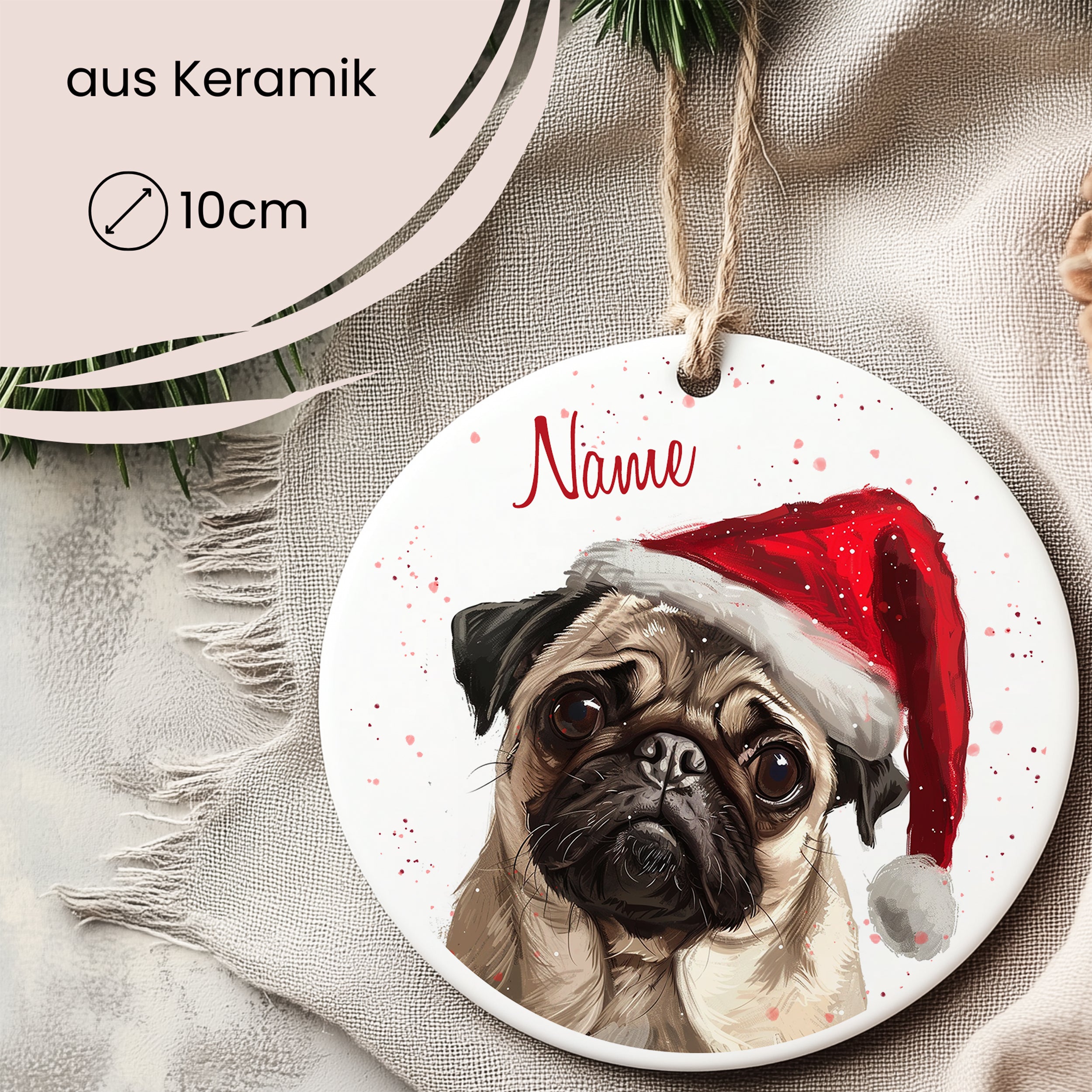 Keramikschild mit Pug und Weihnachtsmütze, 10 cm.