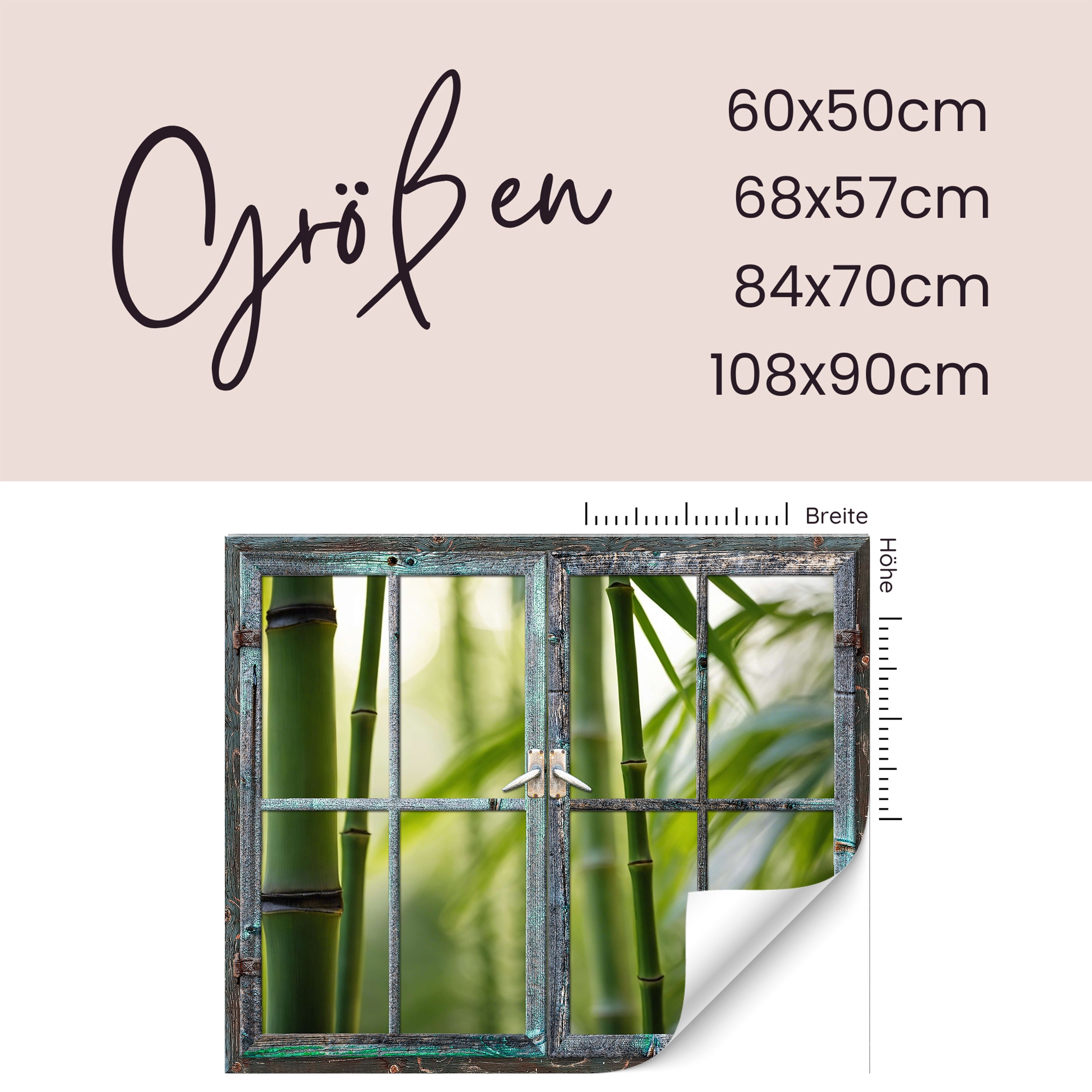 Grünes Bambusmotiv in rustikalem Fensterrahmen, verschiedene Größen.