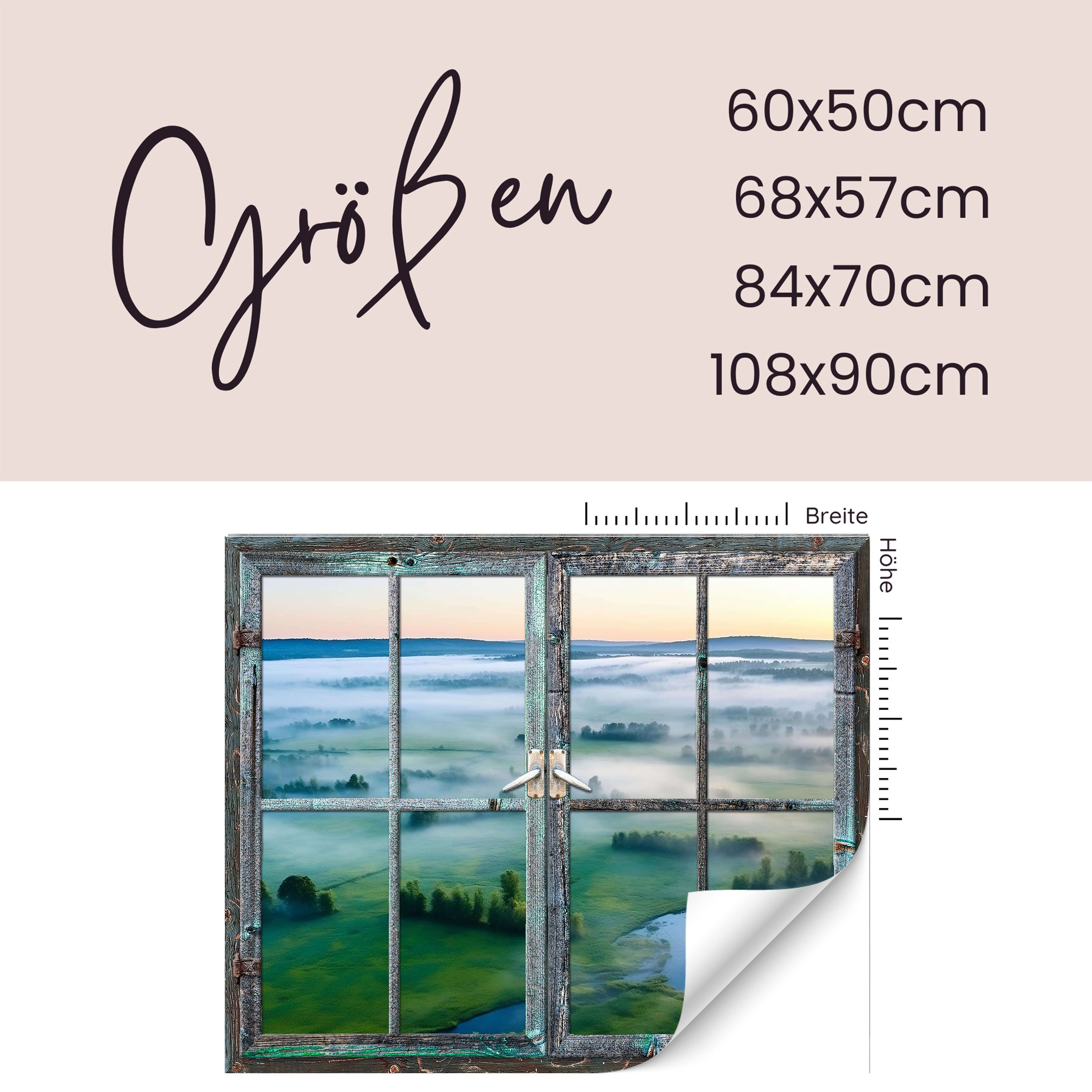 Fensterbild mit Landschaft, Größenangaben, rustikaler Rahmen.