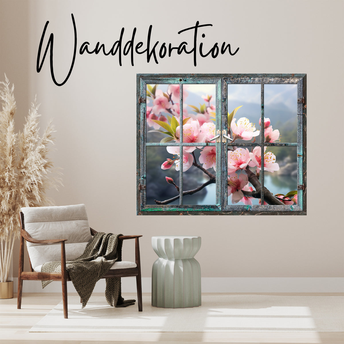 Blühende Kirschblüten in vintage Fensterrahmen, pastellfarben.