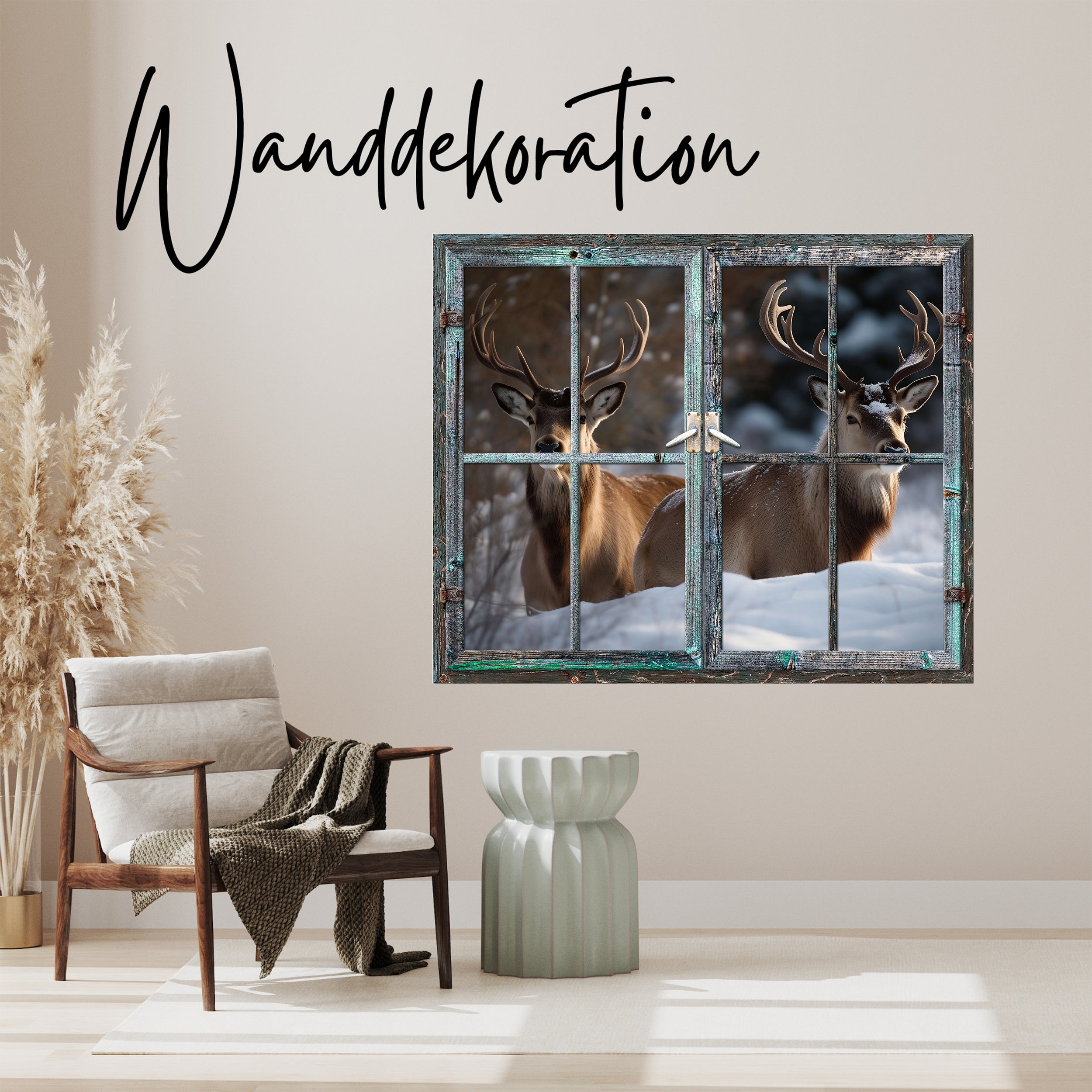 Holzfenster mit zwei Rehen, rustikal, natürliche Farben.