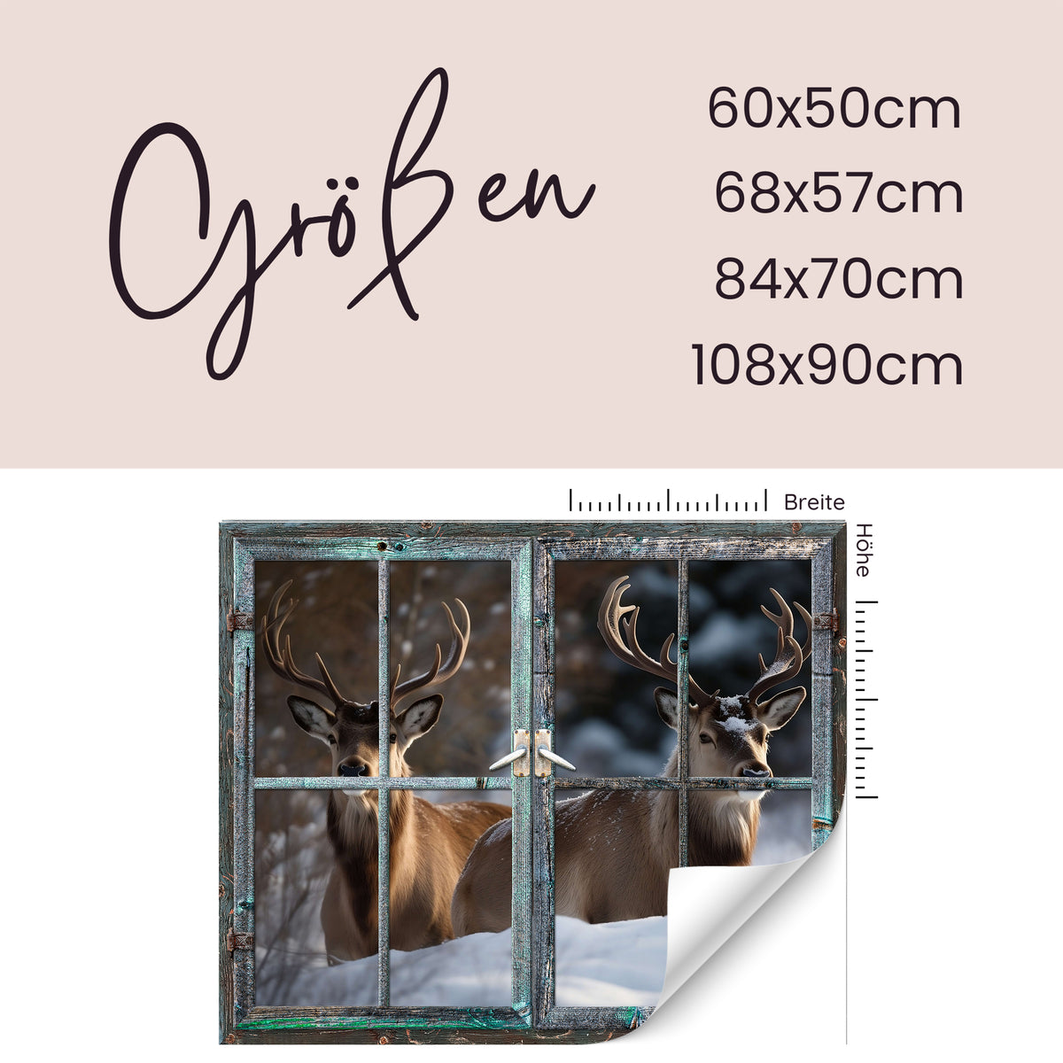 Rehe hinter einem Fenster, rustikaler Rahmen, verschiedene Größen.