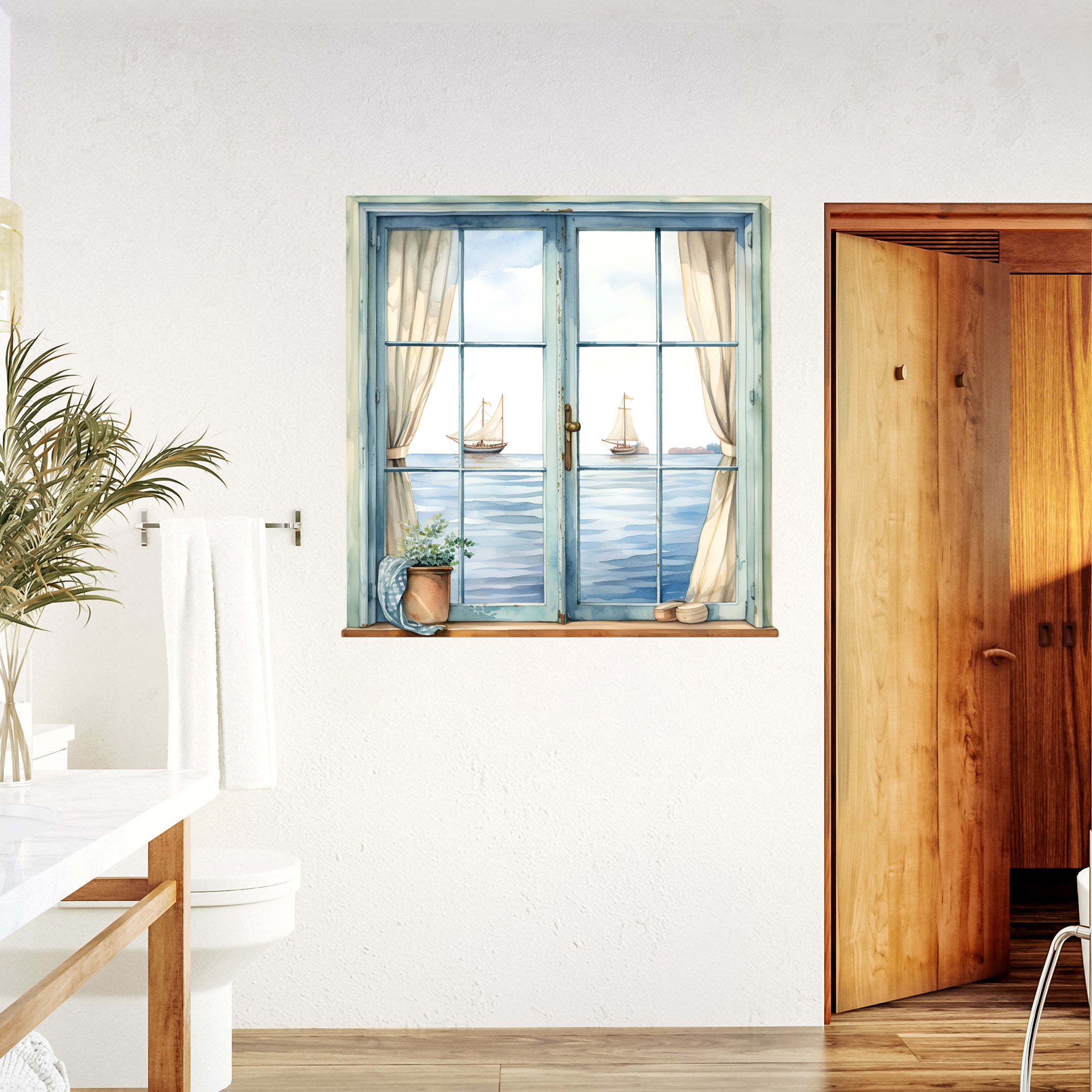 Wandtattoo mit Fensterblick auf Segelboote am Meer